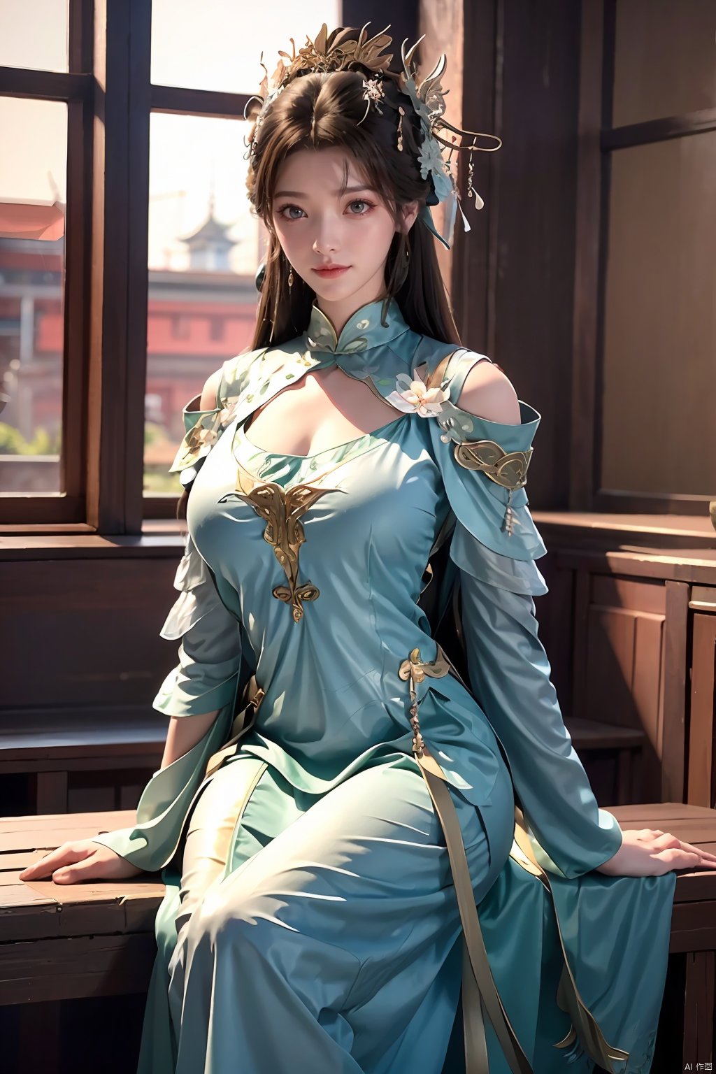 1girl, solo, long hair, black hair, hair ornament, long sleeves, dress, sitting, indoors, blue sky, window,Xxiyouqin,(big breasts:1.23),Xliushen,Xyunxi,Xhuolinger,Xyupopo,Xtianxiwei,depth of field,moyou,girl