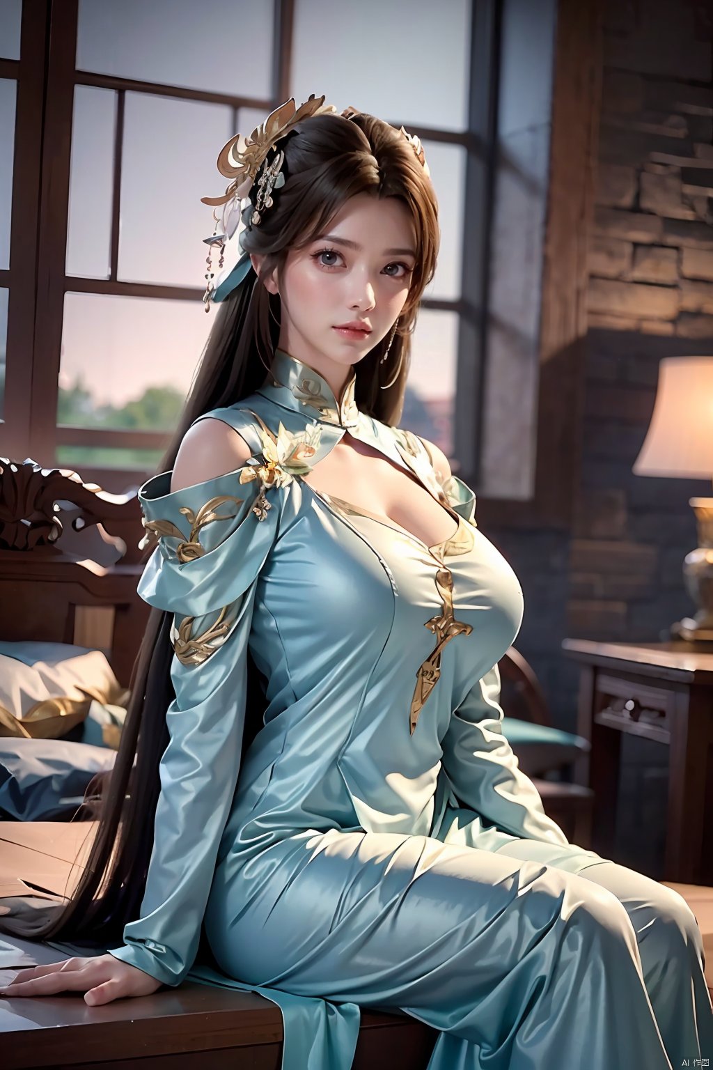 1girl, solo, long hair, black hair, hair ornament, long sleeves, dress, sitting, indoors, blue sky, window,Xxiyouqin,(big breasts:1.23),Xliushen,Xyunxi,Xhuolinger,Xyupopo,Xtianxiwei,depth of field