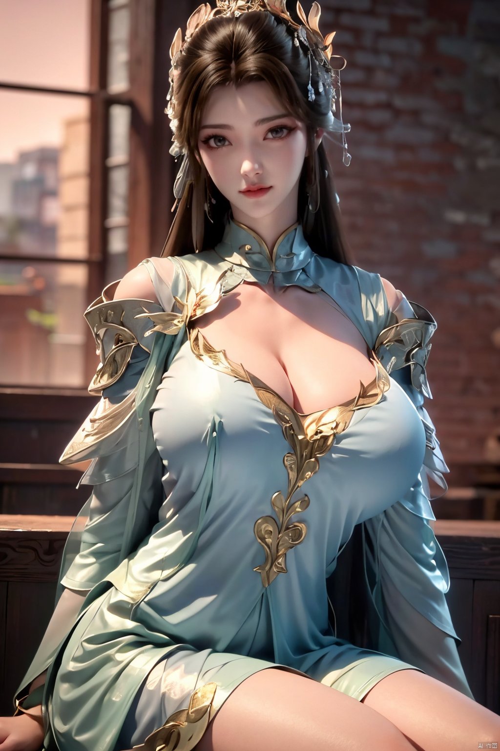 1girl, solo, long hair, black hair, hair ornament, long sleeves, dress, sitting, indoors, blue sky, window,Xxiyouqin,(big breasts:1.23),Xliushen,Xyunxi,Xhuolinger,Xyupopo,Xtianxiwei,depth of field