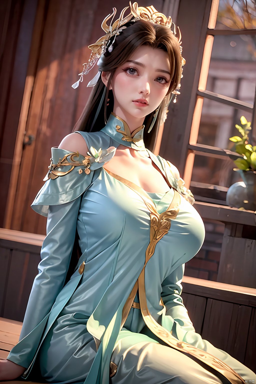 1girl, solo, long hair, black hair, hair ornament, long sleeves, dress, sitting, indoors, blue sky, window,Xxiyouqin,(big breasts:1.23),Xliushen,Xyunxi,Xhuolinger,Xyupopo,Xtianxiwei,depth of field,moyou