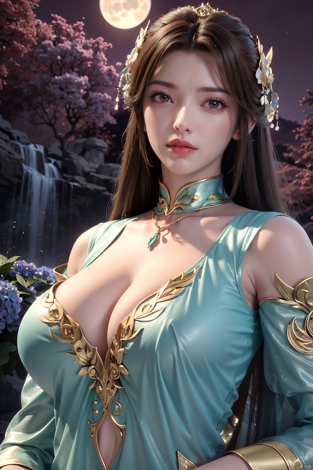 masterpiece,best quality,official art,extremely detailed CG unity 8k wallpaper,1girl, upper body, purple hair, light rays, light particles, waterfall, tree, clover,,(big breasts:1.39),  ,Xfengqinger,Xxiyouqin,Xliushen,X-Hydrangea,Hydrangea,full moon