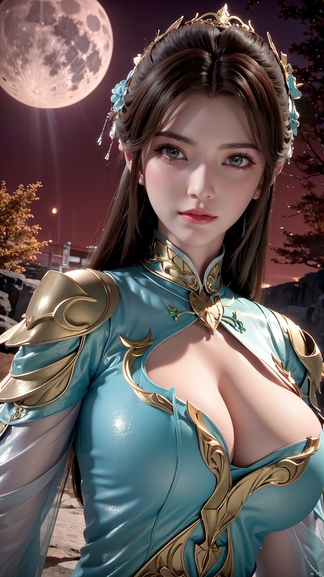 masterpiece,best quality,official art,extremely detailed CG unity 8k wallpaper,1girl, upper body, purple hair, light rays, light particles, waterfall, tree, clover,,(big breasts:1.39),  ,Xfengqinger,Xxiyouqin,Xliushen,X-Hydrangea,Hydrangea,full moon