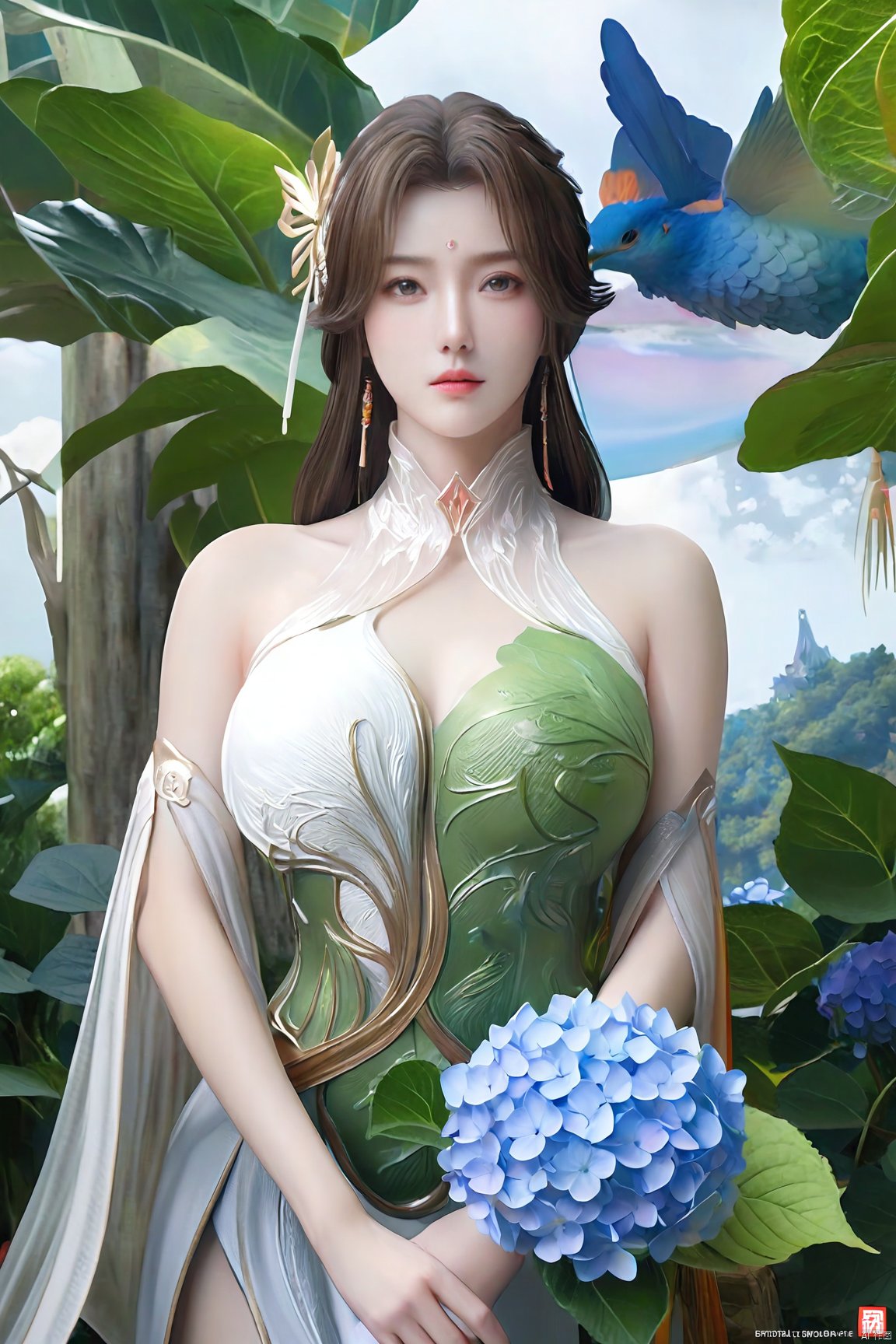  Best Quality, masterpiece, ultra-high resolution, (photo realistic: 1.4) , Fantastical verisimilitude, 1 girl,flower,,(big breasts:1.39),Xliushen,Hydrangea,XyunxiPVC,Xyunluo,Xtianqiong,Xbaihehuai,hand