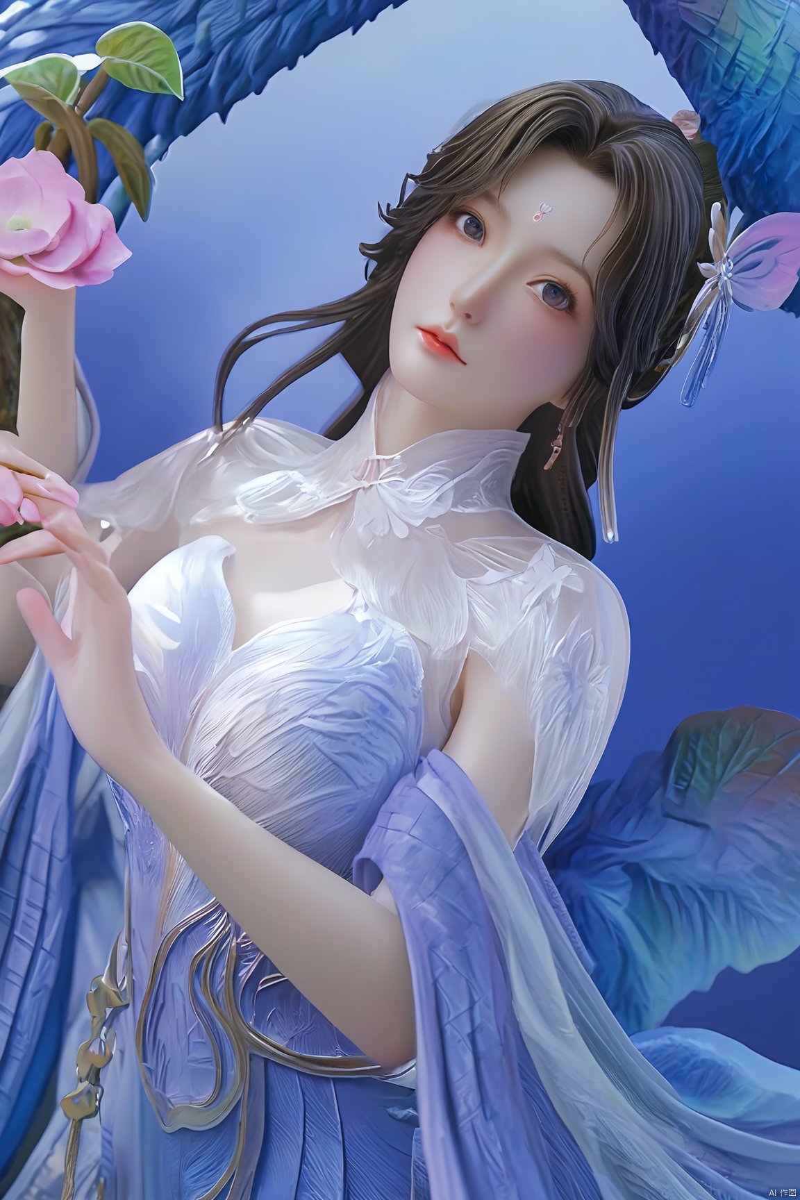  Best Quality, masterpiece, ultra-high resolution, (photo realistic: 1.4) , Fantastical verisimilitude, 1 girl,flower,,(big breasts:1.39),Xliushen,Hydrangea,XyunxiPVC,Xyunluo,Xtianqiong,Xbaihehuai,hand