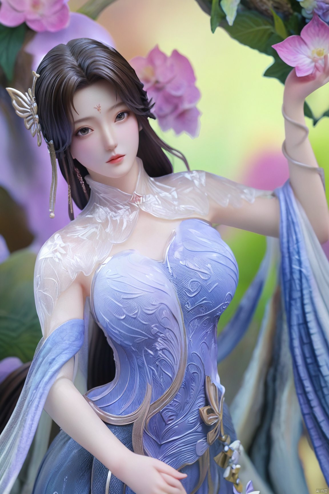  Best Quality, masterpiece, ultra-high resolution, (photo realistic: 1.4) , Fantastical verisimilitude, 1 girl,flower,,(big breasts:1.39),Xliushen,Hydrangea,XyunxiPVC,Xyunluo,Xtianqiong,Xbaihehuai,hand