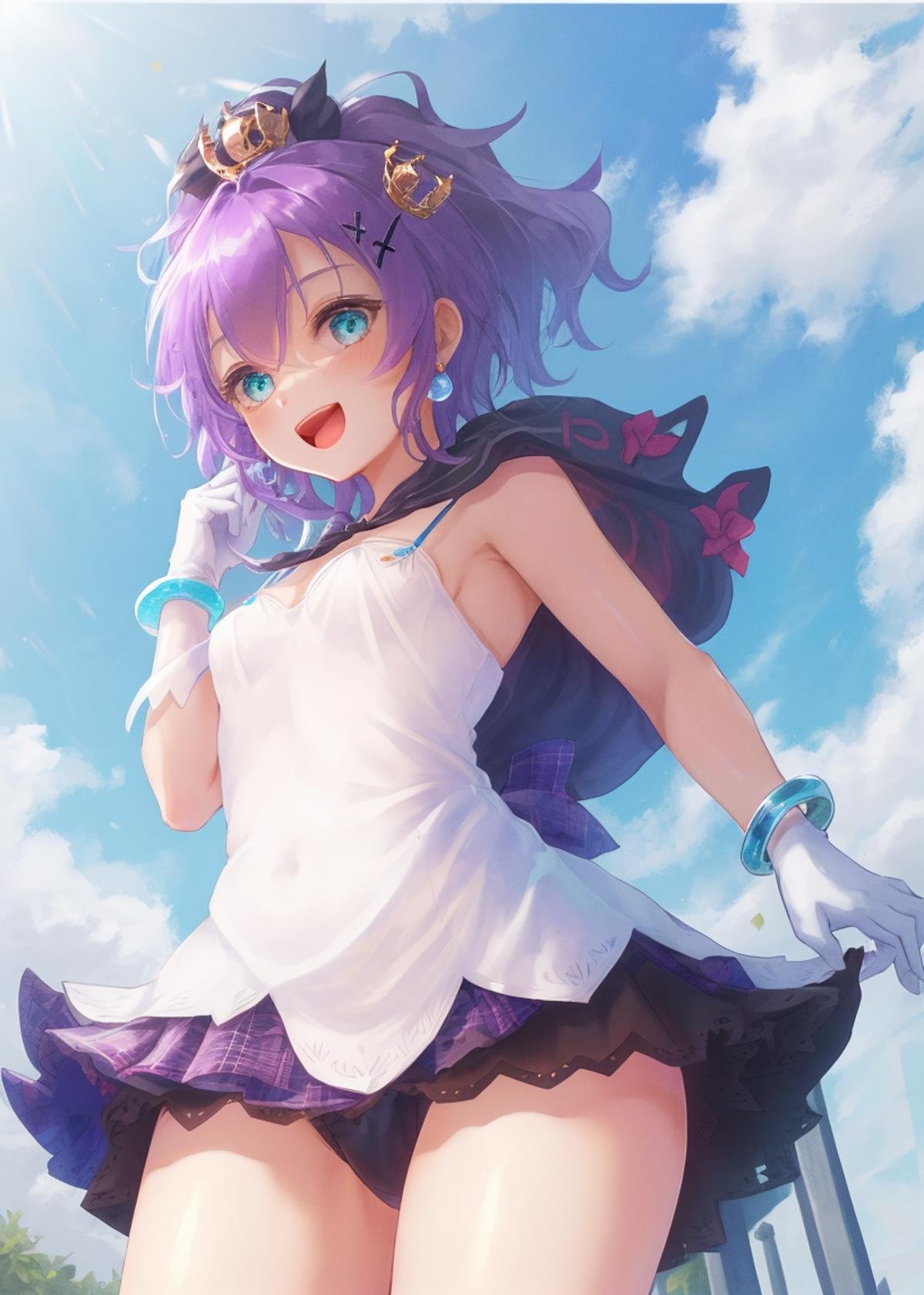 <lora:javelin_v1.0:0.8>,1girl, solo,bracelet,white gloves, camisole, ribbon, purple_hair,  mini_crown,white_camisole, hair_ornament, looking_at_viewer, black_ribbon, hair_ribbon,blue hood, :d, outdoors, from below,, masterpiece, best quality,