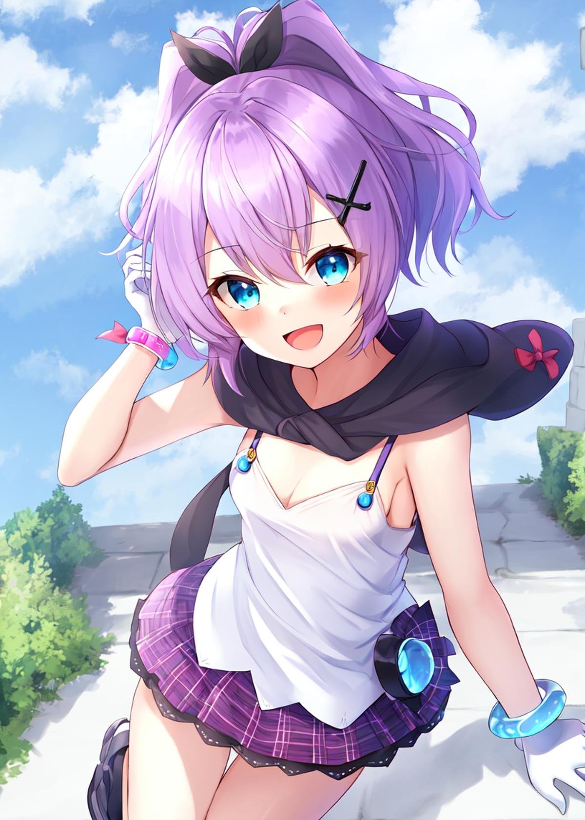 <lora:javelin_v1.0:0.8>,1girl, solo,bracelet,white gloves, camisole, ribbon, purple_hair,  mini_crown,white_camisole, hair_ornament, looking_at_viewer, black_ribbon, hair_ribbon,blue hood, :d, outdoors,from from above,, masterpiece, best quality,