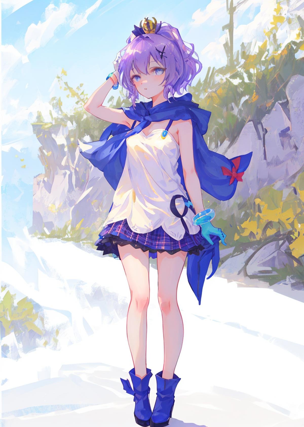 <lora:javelin_v1.0:0.7>,1girl, solo, bracelet,white gloves, purple_hair,  mini_crown,white_camisole, hair_ornament, looking_at_viewer, black_ribbon, hair_ribbon,blue hood,outdoors, full body,, masterpiece, best quality,