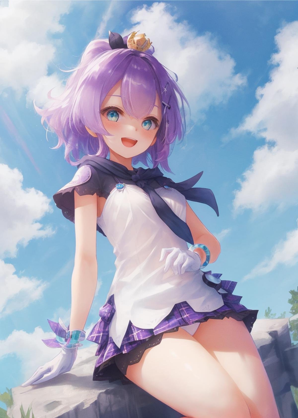 <lora:javelin_v1.0:0.8>,1girl, solo,bracelet,white gloves, camisole, ribbon, purple_hair,  mini_crown,white_camisole, hair_ornament, looking_at_viewer, black_ribbon, hair_ribbon,blue hood, :d, outdoors, from above,  sitting,, masterpiece, best quality,