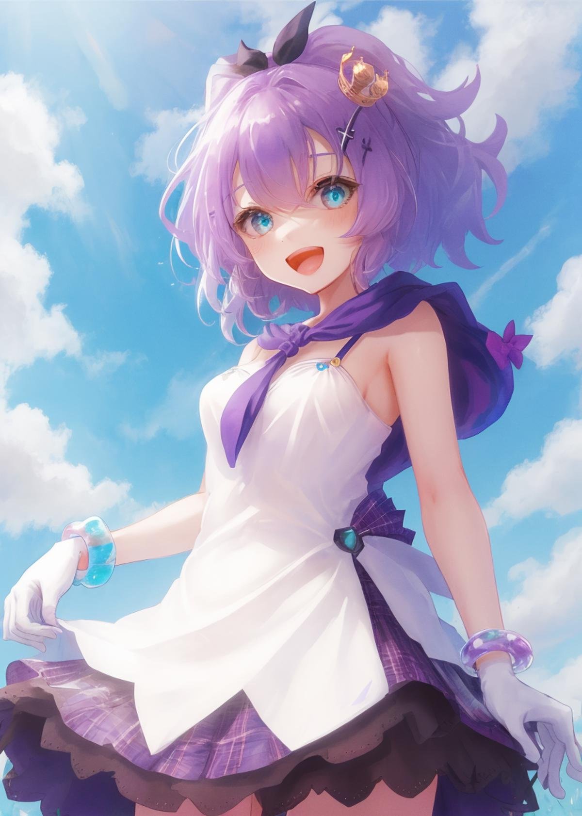 <lora:javelin_v1.0:0.8>,1girl, solo,bracelet,white gloves, camisole, ribbon, purple_hair,  mini_crown,white_camisole, hair_ornament, looking_at_viewer, black_ribbon, hair_ribbon,blue hood, :d, outdoors, from below, skirt lift, masterpiece, best quality,