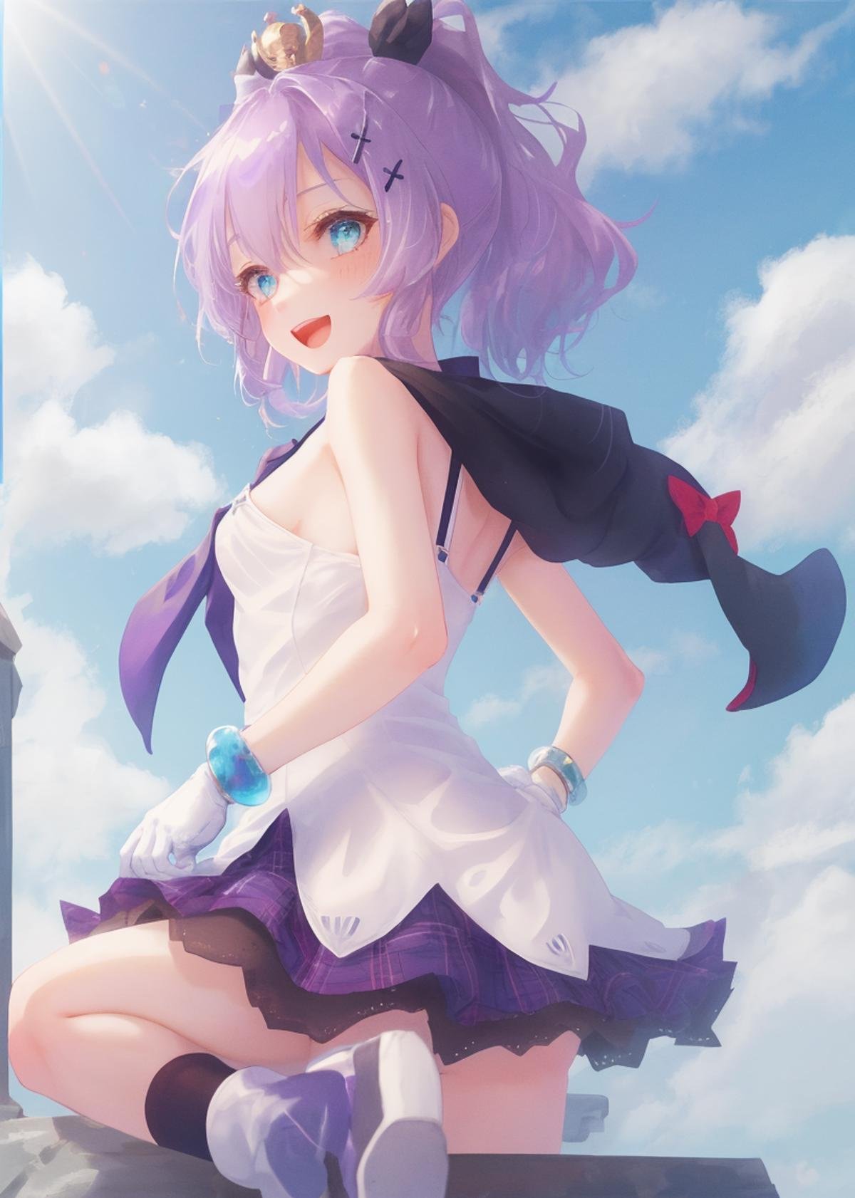 <lora:javelin_v1.0:0.8>,1girl, solo,bracelet,white gloves, camisole, ribbon, purple_hair,  mini_crown,white_camisole, hair_ornament, looking_at_viewer, black_ribbon, hair_ribbon,blue hood, :d, outdoors, from behind,  sitting,, masterpiece, best quality,