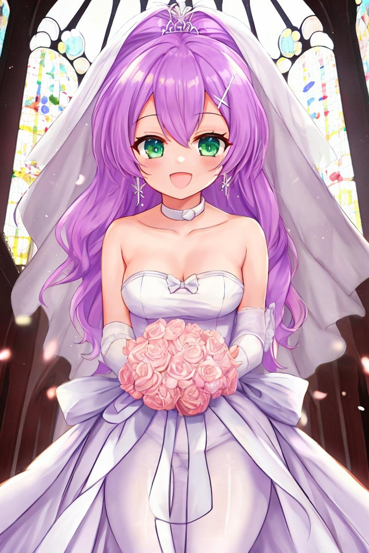 <lora:javelin_v2.0:0.8>, javelin\(azur lane\), \(blissful_purity\), wedding dress, 1girl, solo, jewelry, church,:d, looking at viewer,, masterpiece, best quality,