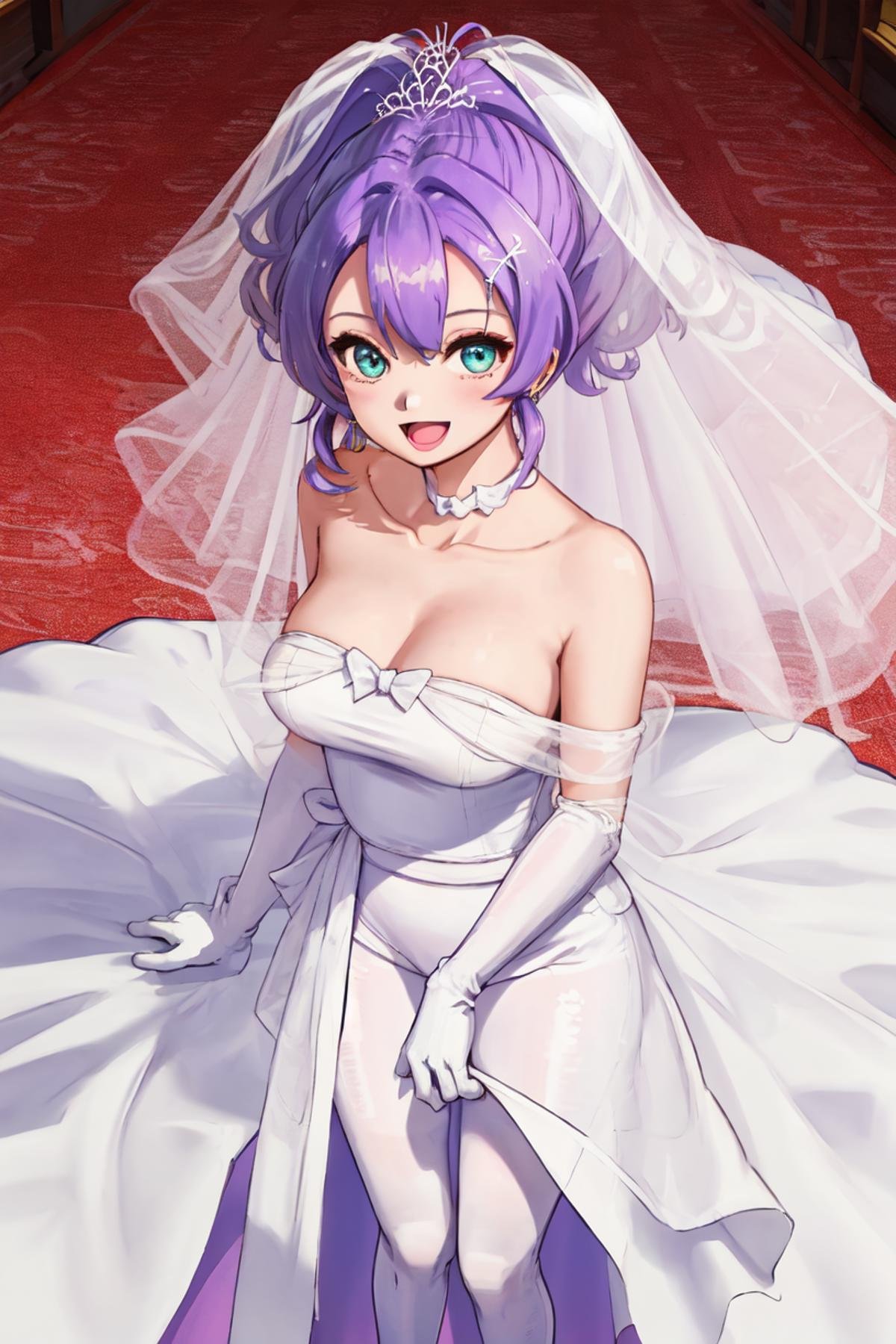 <lora:javelin_v2.0:0.8>,j javelin\(azur lane\), \(blissful_purity\), wedding dress, 1girl, solo,purple_hair, gloves, jewelry, church,:d, looking at viewer,from above,, masterpiece, best quality,