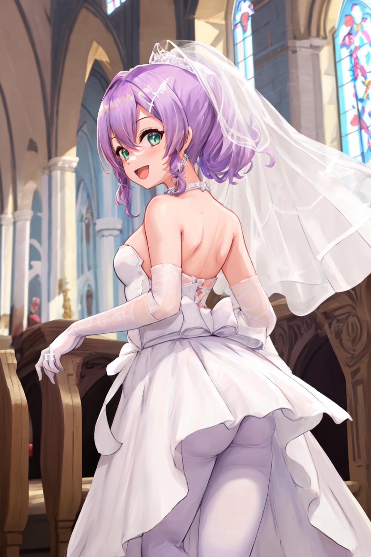 <lora:javelin_v2.0:0.8>, javelin\(azur lane\), \(blissful_purity\), wedding dress, 1girl, solo,  church,:d, looking at viewer,from behind,, masterpiece, best quality,