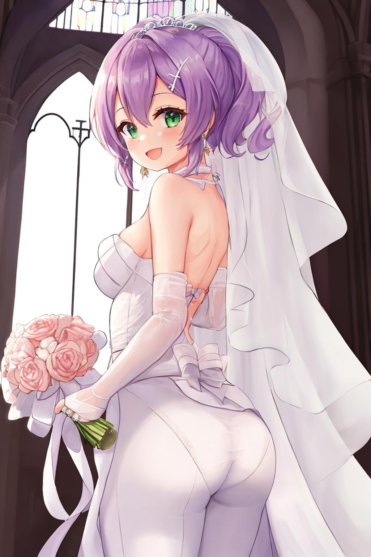 <lora:javelin_v2.0:0.8>, javelin\(azur lane\), \(blissful_purity\), wedding dress, 1girl, solo, jewelry, church,:d, looking at viewer,from behind,, masterpiece, best quality,