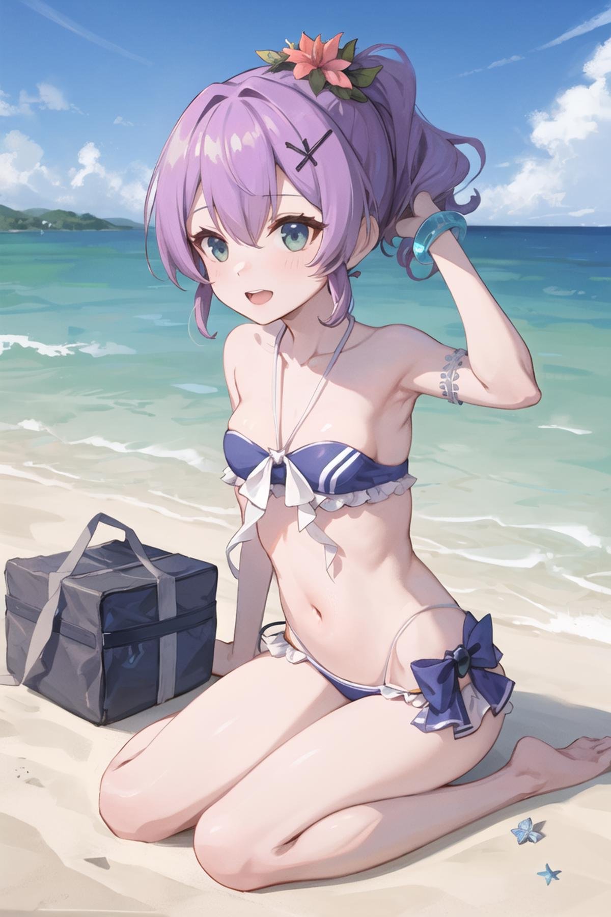 <lora:javelin_v3.0:0.8>, javelin\(azur lane\), \(beach_picnic!\), bikini, hair flower,beach,from above, sitting,, masterpiece, best quality, extremely detailed face, sharp details, high contrast,