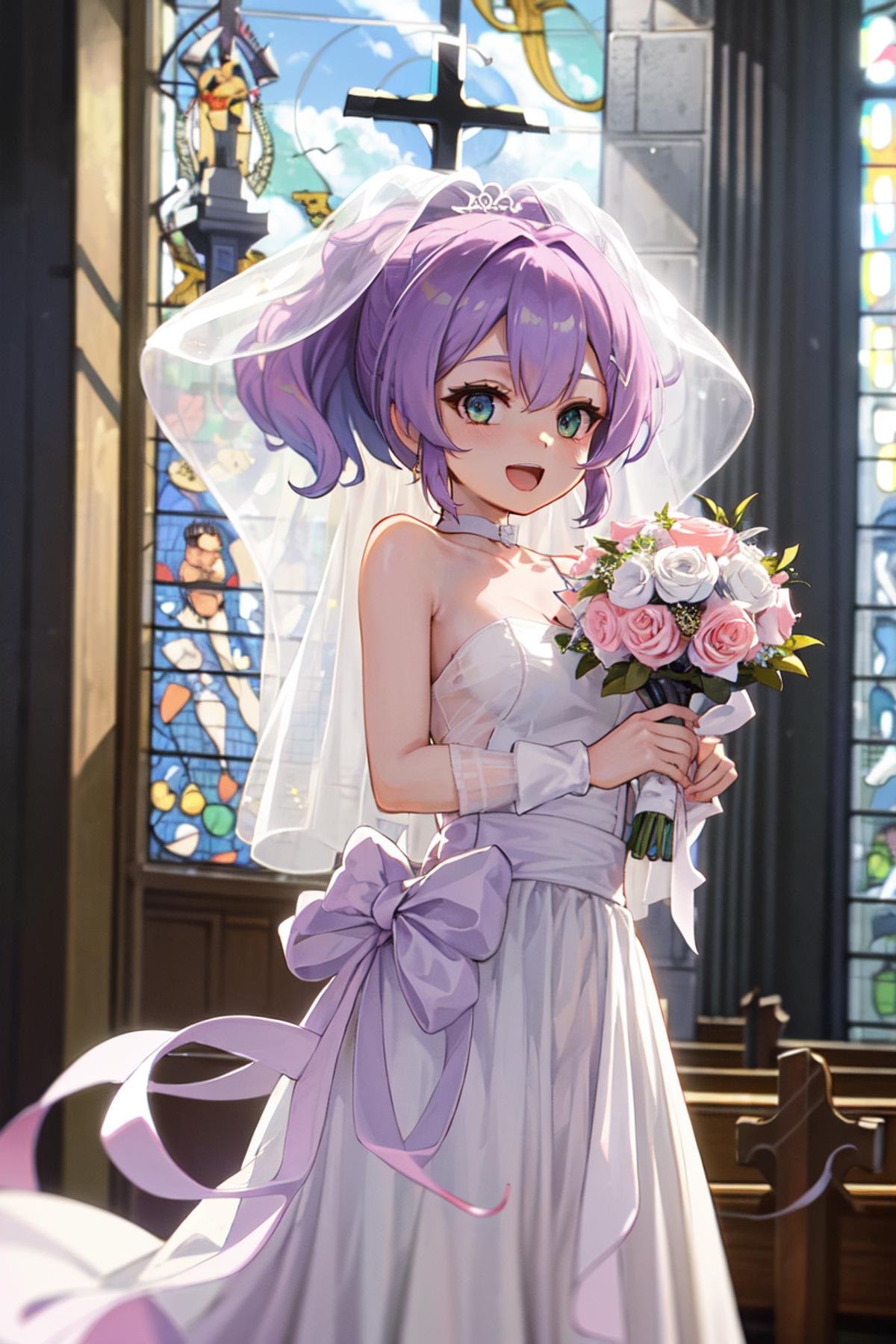 <lora:javelin_v3.0:0.8>,, javelin\(azur lane\), \(blissful_purity\), wedding dress,( church:1.5),:d, looking at viewer,bouquet, masterpiece, best quality, extremely detailed face, sharp details, high contrast,