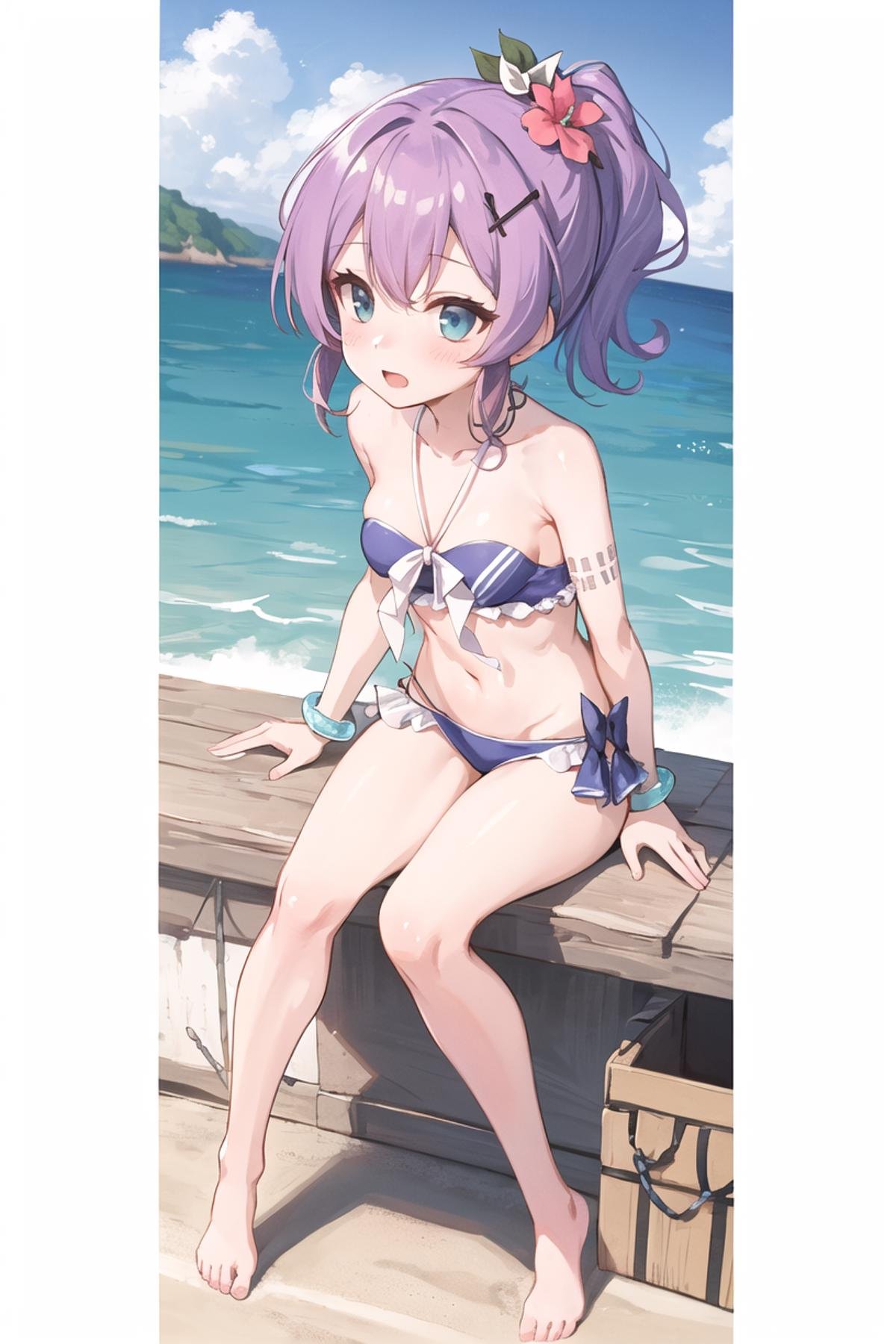 <lora:javelin_v3.0:0.8>, javelin\(azur lane\), \(beach_picnic!\), bikini, hair flower,beach,from above, sitting, blush,, masterpiece, best quality, extremely detailed face, sharp details, high contrast,