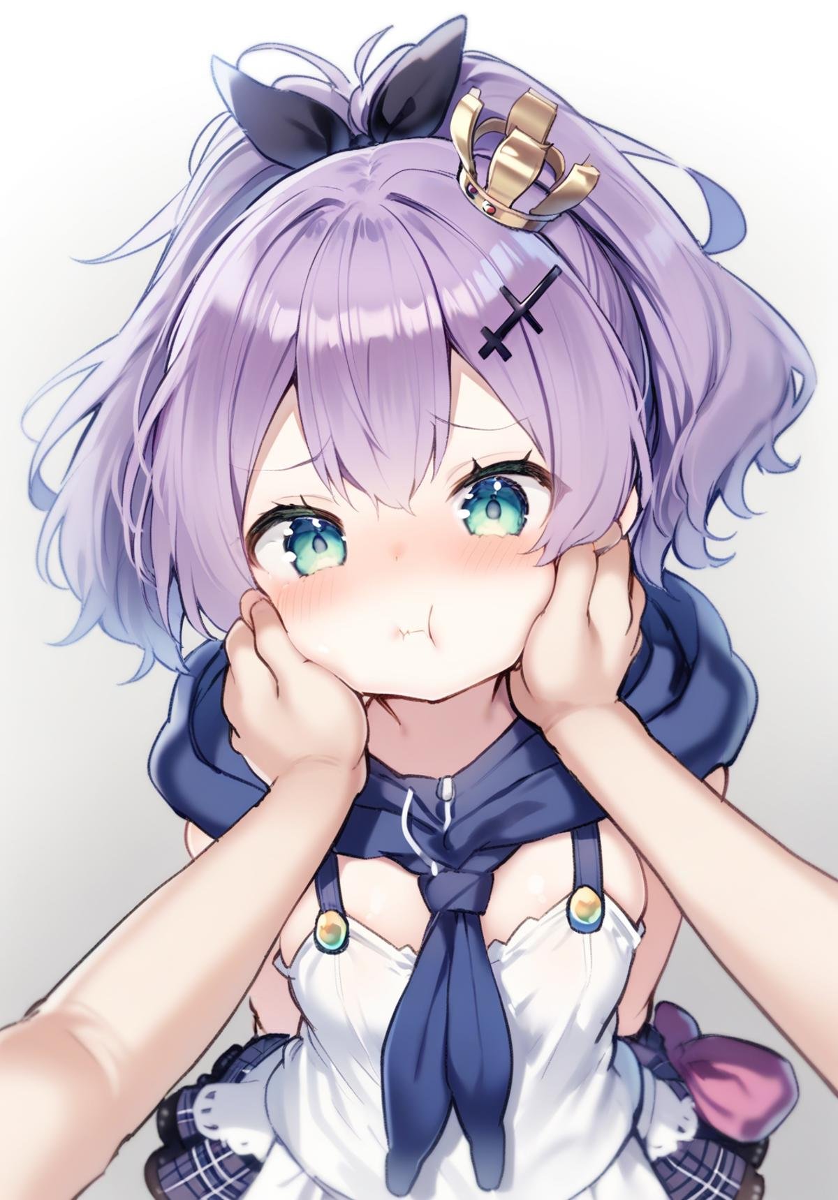 <lora:javelin_XL_v1.0:0.8> ,javelin_\(azur_lane\), ponytail,purple hair,hair_ornament, ribbon, mini_crown,hair_ribbon,hood, white_camisole,pout,face_squeeze,squeezing_cheeks,upper body,arms at sides,hands_on_another's_cheeks,by ikeuchi tanuma,(pov hands),from above,looking at viewer,, masterpiece, best quality,  very aesthetic, absurdres,