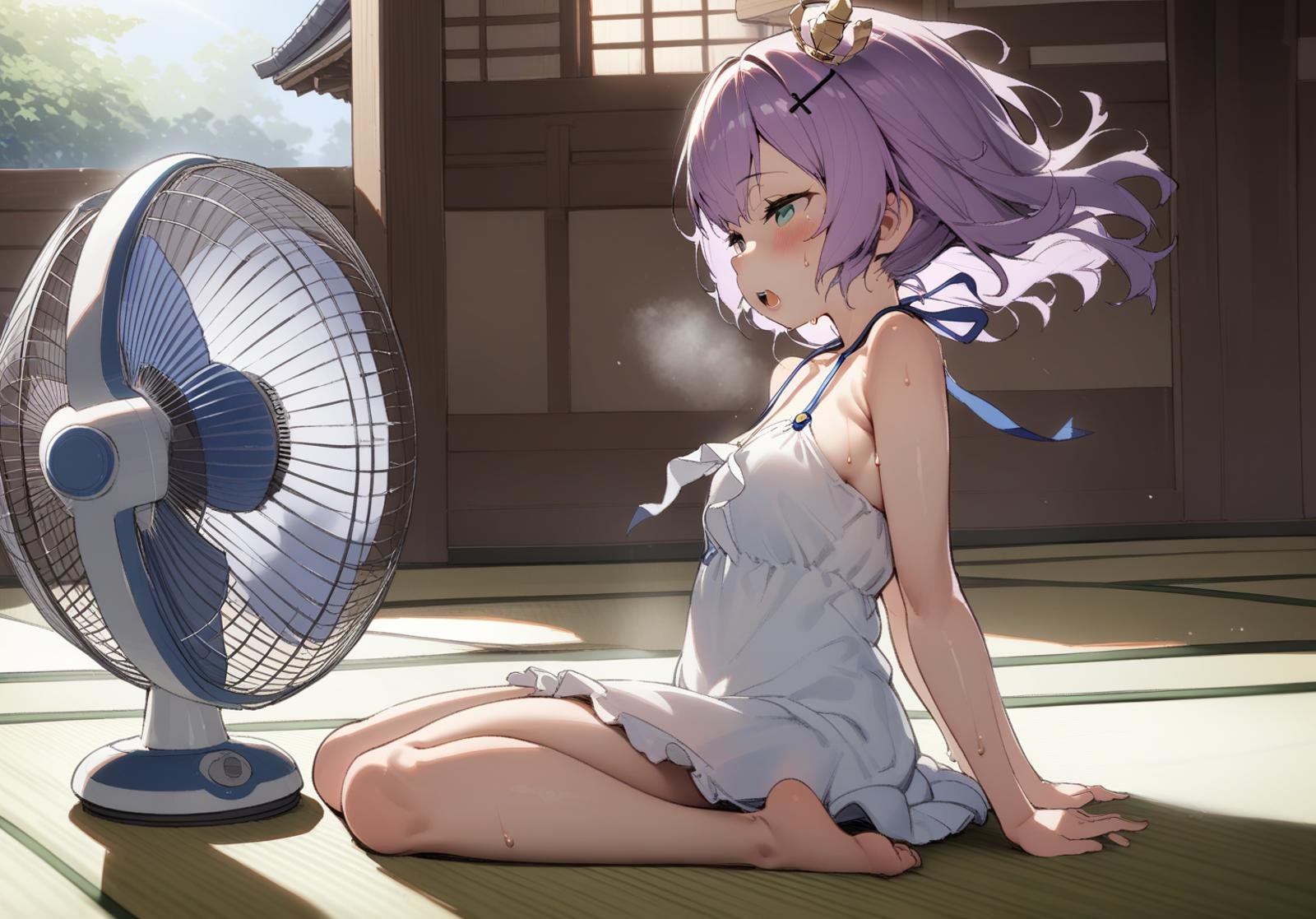 <lora:javelin_XL_v1.0:0.8>, javelin_\(azur_lane\),mini crown,fan speaking,face_to_fan, 1girl, wind, electric fan, open mouth, teeth,half-closed eyes, face to fan, sweat drip,  sundress, tender lips, relax, flat rendering, depth of field, Gaussian blur, lens flare, dynamic lighting, ray tracing,wariza,dutch angle, tatami, from side, temple,arm support,looking at another,, masterpiece, best quality,  very aesthetic, absurdres,