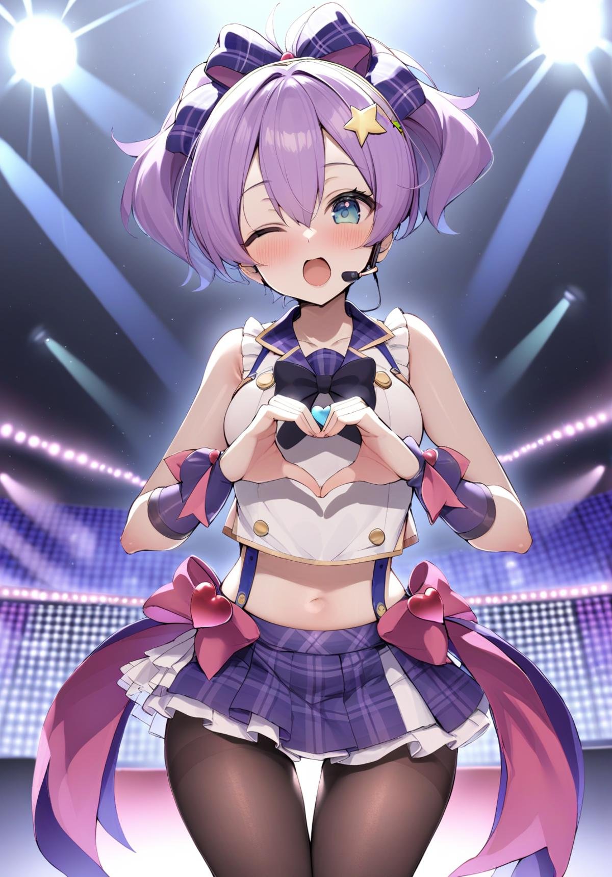 <lora:javelin_XL_v1.0:0.8> ,javelin_\(azur_lane\), midriff, thighband_pantyhose, hair_bow, plaid_skirt, thigh_gap, headset, sleeveless_shirt, idol, suspender_skirt, plaid_bow , frills, star_hair_ornament, arm_warmers,;d, stage, by izumi tsubasu,one eye closed,stage light, singing, open mouth,heart hands,, masterpiece, best quality,  very aesthetic, absurdres,