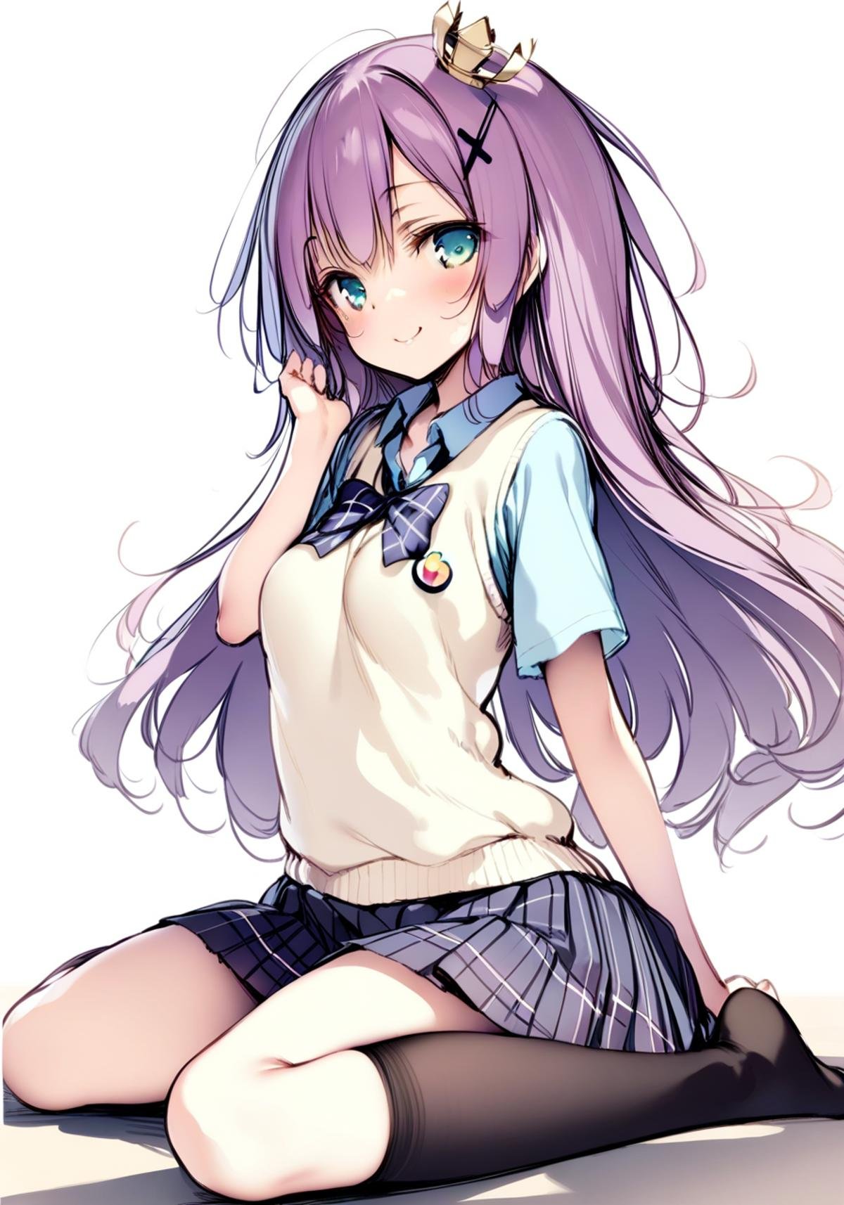 <lora:javelin_XL_v1.0:0.8>, javelin_\(azur_lane\),long hair, mini_crown, cross_hair_ornament, sweater_vest, bowtie, short_sleeves, collared_shirt, school_uniform, skirt,wariza, smile,by ke-ta,, masterpiece, best quality,  very aesthetic, absurdres,