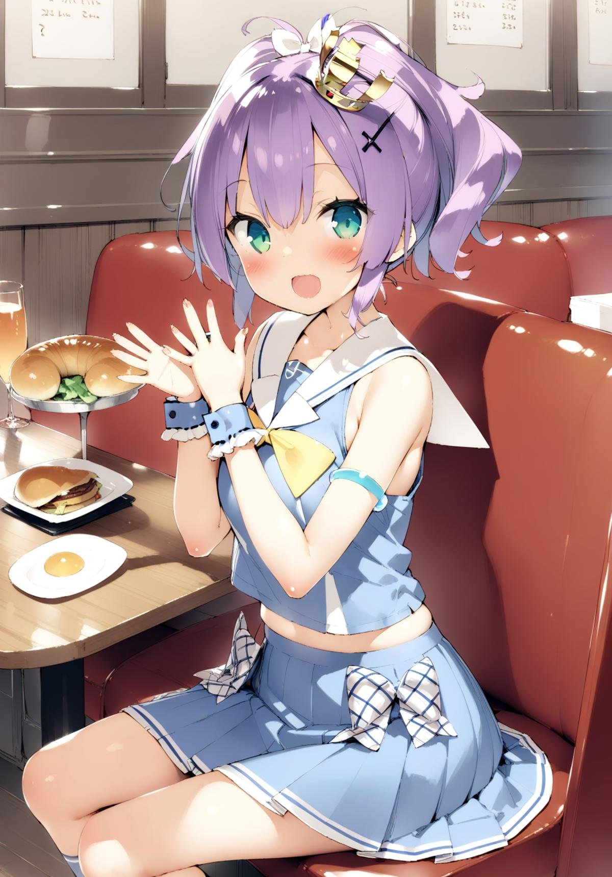 <lora:javelin_XL_v1.0:0.8> ,javelin_\(azur_lane\), crown,wrist_cuffs, sleeveless, hair_ornament, bow,blue_shirt, blue_skirt, white_sailor_collar,waitress, looking_at_viewer, :d, restaurant,by kani_biimu, masterpiece, best quality,  very aesthetic, absurdres,