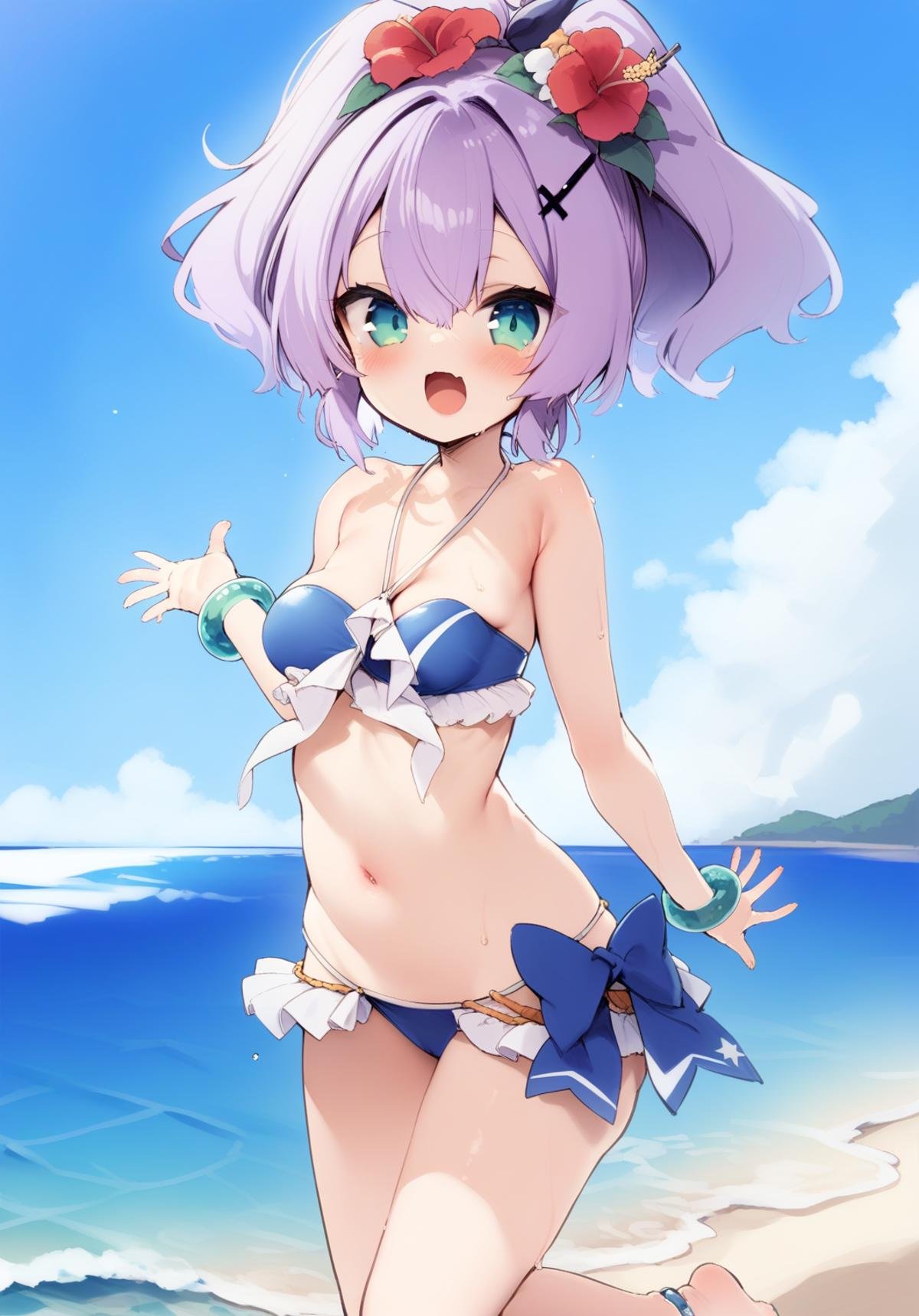 <lora:javelin_XL_v1.0:0.8> ,javelin_\(azur_lane\), hair_flower, ocean, sky,swimsuit, cloud, looking_at_viewer, blue_sky, by kedama_milk,;d,, masterpiece, best quality,  very aesthetic, absurdres,