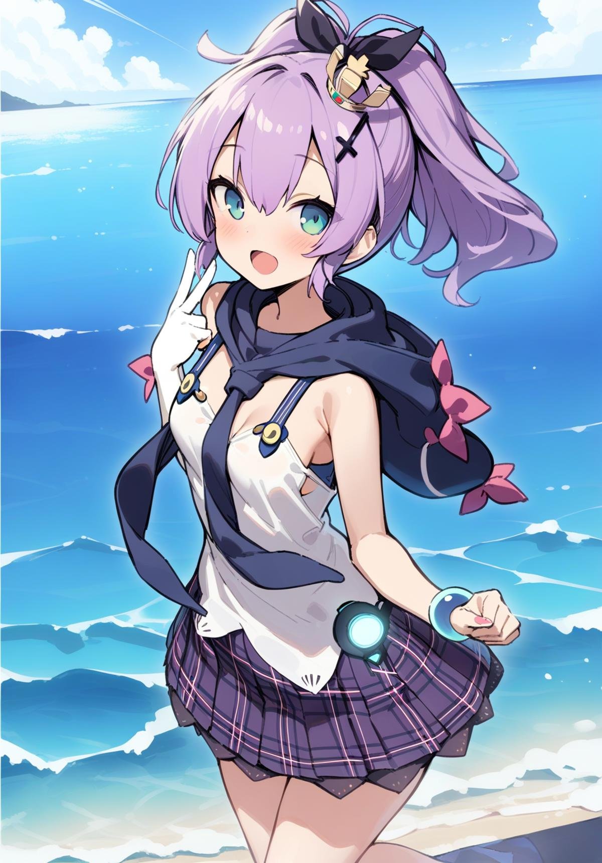 <lora:javelin_XL_v1.0:0.8> ,javelin_\(azur_lane\), single_glove, hair_ornament, ribbon, mini_crown,hair_ribbon, plaid_skirt, purple_skirt, hood, white_camisole,;d,ocean, masterpiece, best quality,  very aesthetic, absurdres,