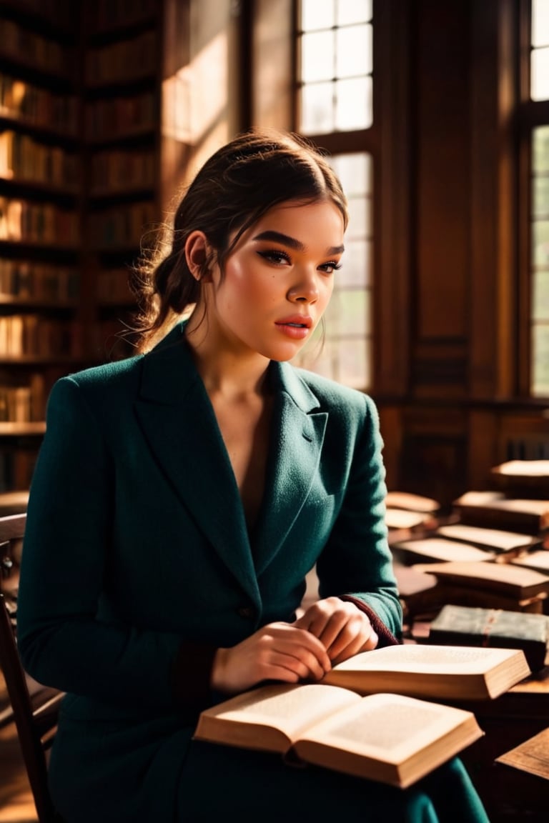 HQ photography, closeup portrait, sharp focus, bokeh background, high contrast, In a serene, cinematic setting, a lovely, young woman, reminiscent of Angeline, sits in an antique university library, looking at the book, Degas-like attention to detail captures every curl and curve of her body. In the background, an antique library full of books and ladders is bathed by the afternoon sun rays, creating a sense of depth and atmosphere. The overall effect is stunning, with cinematic flair, masterpiece, shines brightly on ArtStation, trending for all to admire.,dark academia outfit, brown teal color palette, Rembrandt Lighting Style,darkacademia,photorealistic,tweed blazer, collar shirt, beret,Kodak Motion Picture Film Style, ohwx woman, ohwx, ,hailee steinfeld, hail33 woman