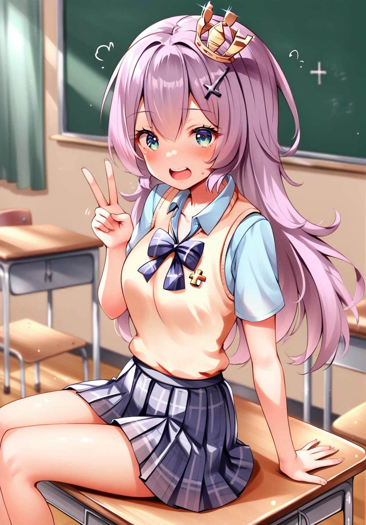 <lora:javelin_pony_v1.0:0.7>,javelin_\(azur_lane\),long hair, mini_crown, cross_hair_ornament, sweater_vest, bowtie, short_sleeves, collared_shirt, school_uniform, skirt,;d, v,sitting on school desk, classroom,open mouth,, score_9, score_8_up, score_7_up, source_anime,