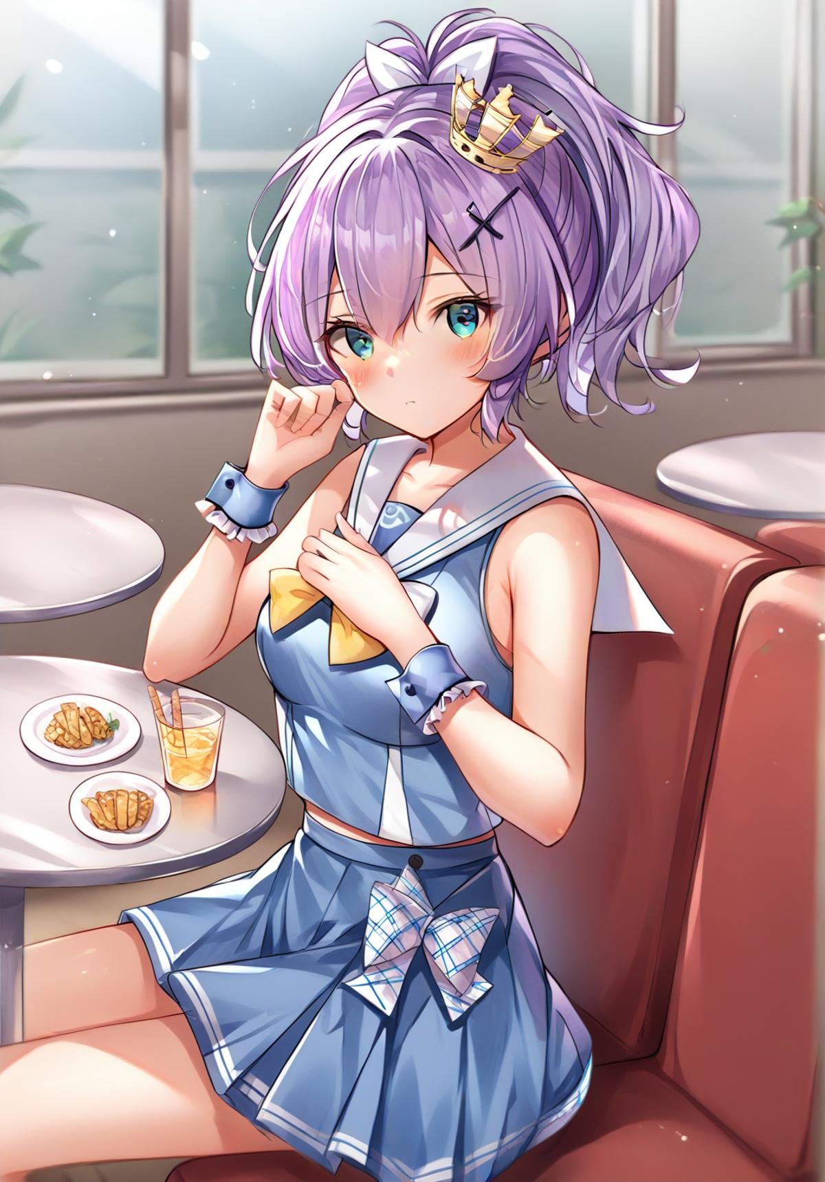 <lora:javelin_pony_v1.0:0.7>,javelin_\(azur_lane\),purple hair,ponytail,crown,wrist_cuffs, sleeveless, hair_ornament, bow,blue_shirt, blue_skirt, white_sailor_collar,waitress, looking_at_viewer, :d, restaurant,, score_9, score_8_up, score_7_up, source_anime,