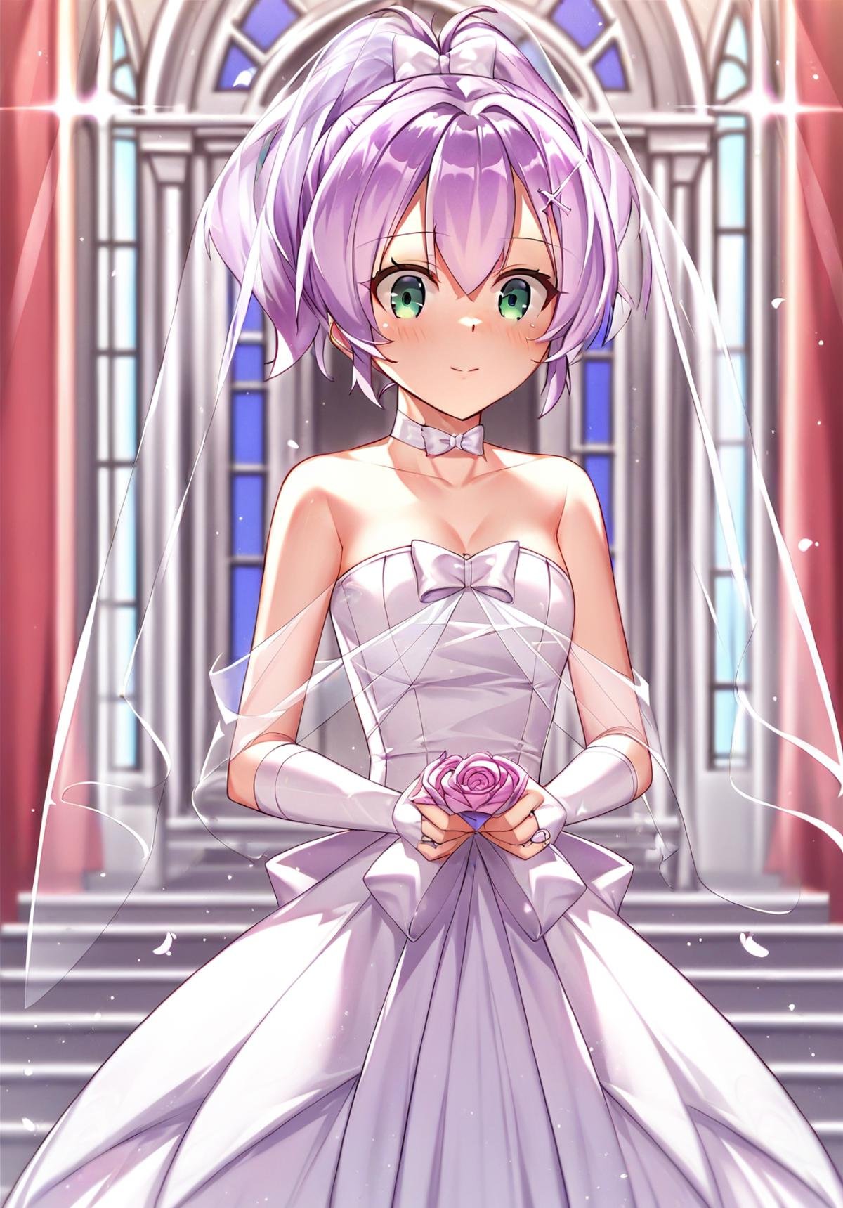 <lora:javelin_pony_v1.0:0.7>,javelin_\(azur_lane\),purple hair,ponytail,wedding_dress, hair_ornament, bow,choker, bridal_gauntlets, bridal_veil, :d, church, score_9, score_8_up, score_7_up, source_anime,