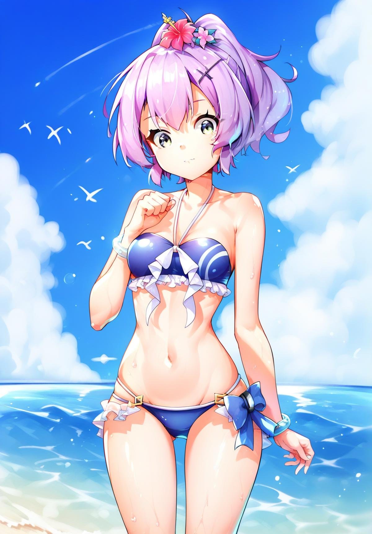 <lora:javelin_pony_v1.0:0.7>,javelin_\(azur_lane\),purple hair,ponytail,hair_flower, ocean, sky,swimsuit, cloud, looking_at_viewer, blue_sky,;d, score_9, score_8_up, score_7_up, source_anime,