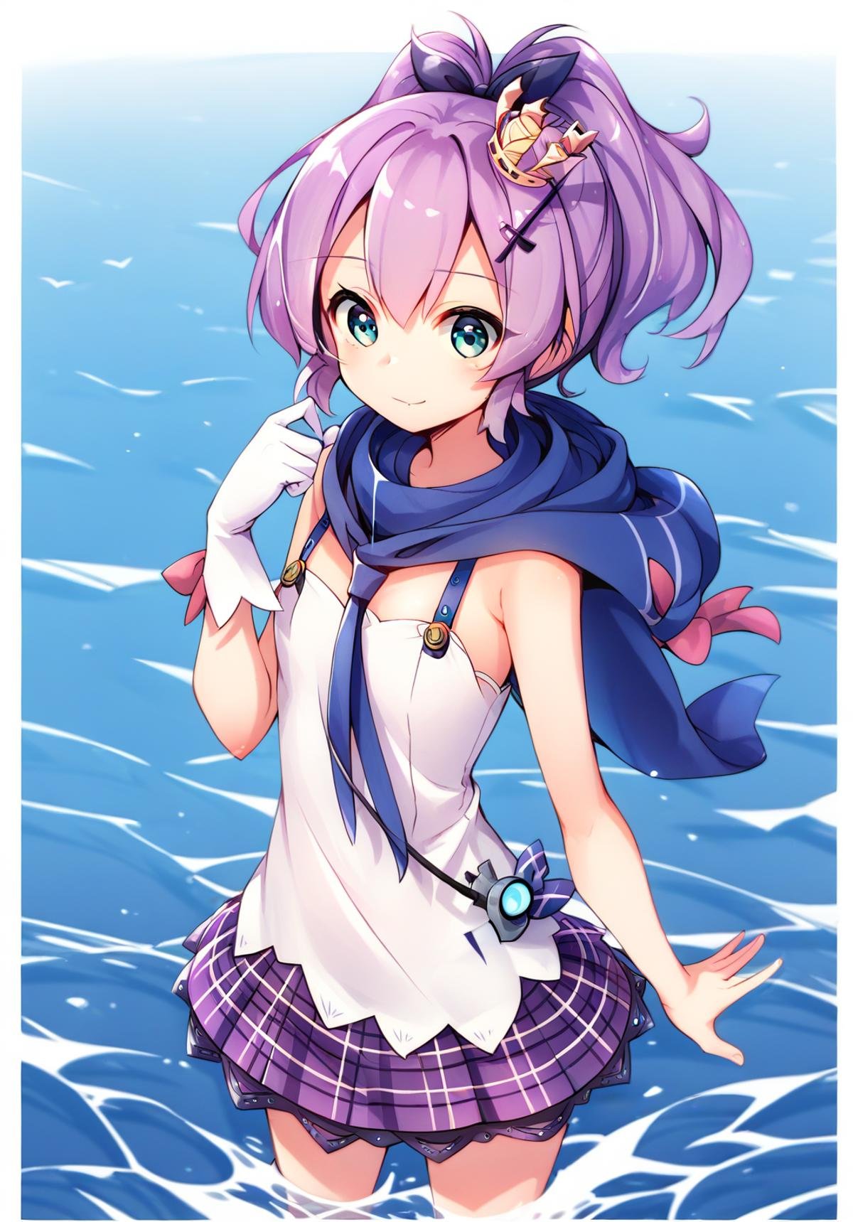 <lora:javelin_pony_v1.0:0.7>,javelin_\(azur_lane\),purple hair,ponytail, single_glove, hair_ornament, ribbon, mini_crown,hair_ribbon, plaid_skirt, purple_skirt, hood, white_camisole,;d,ocean,, score_9, score_8_up, score_7_up, source_anime,