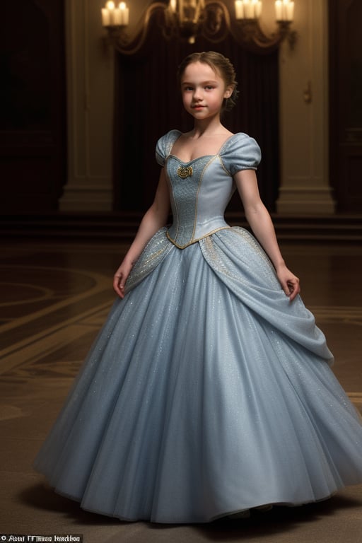 Cinderella full Body View ((Tami Stronach)) Emilia Clarke, 8 years old, in princess costume with full lips, Tami Stronach,Tami Stronach