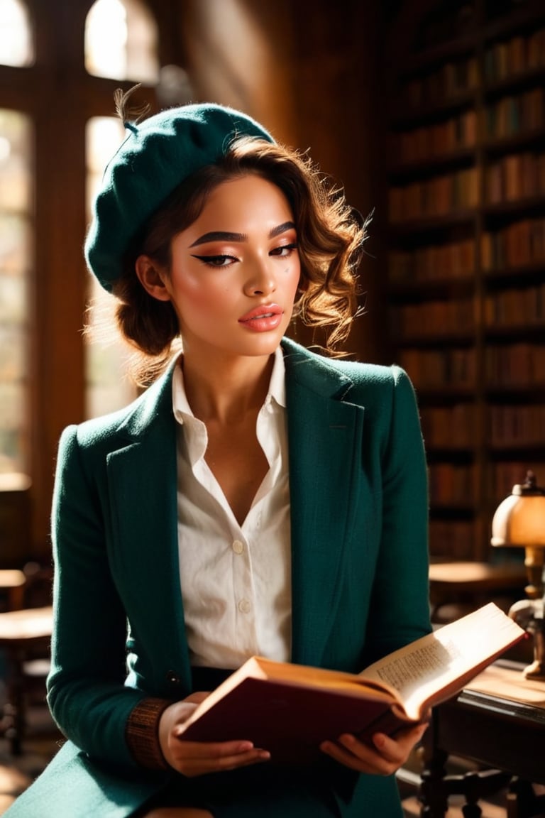 HQ photography, closeup portrait, sharp focus, bokeh background, high contrast, In a serene, cinematic setting, a lovely, young woman, reminiscent of Angeline, sits in an antique university library, looking at the book, Degas-like attention to detail captures every curl and curve of her body. In the background, an antique library full of books and ladders is bathed by the afternoon sun rays, creating a sense of depth and atmosphere. The overall effect is stunning, with cinematic flair, masterpiece, shines brightly on ArtStation, trending for all to admire.,dark academia outfit, brown teal color palette, Rembrandt Lighting Style,darkacademia,photorealistic,tweed blazer, collar shirt, beret,Kodak Motion Picture Film Style, ohwx woman, ohwx, ,lunac