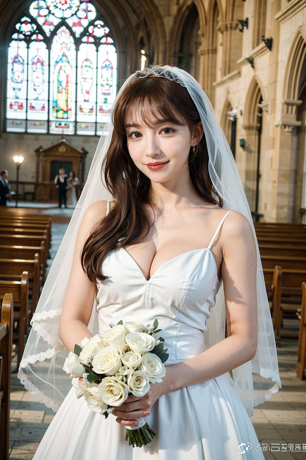 1girl, wedding scene, beautiful, black hair, long hair, (bride:1.2), white wedding dress, veil, holding bouquet, (smile:1.1), sparkling eyes, surrounded by guests, church interior, stained glass windows, flower decorations, candlelight, warm atmosphere, detailed background, depth of field, realistic, ambient light, (cinematic composition:1.3), high definition, best quality, masterpiece.