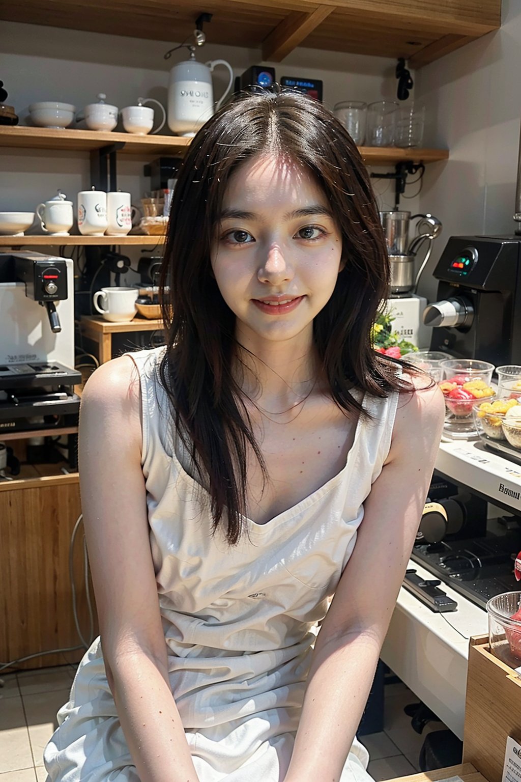 1girl, beautiful, black hair, long hair, smiling, coffee shop, sitting, (20yo:1.3), detailed eyes, light blush, white dress, (flowers in hair:1.1), looking at viewer, counter, espresso machine, cups, pastries, warm lighting, cosy atmosphere, beautifully detailed background, realistic, ambient light, (cinematic composition:1.3), HDR, Accent Lighting, wide-angle lens, best quality, masterpiece.