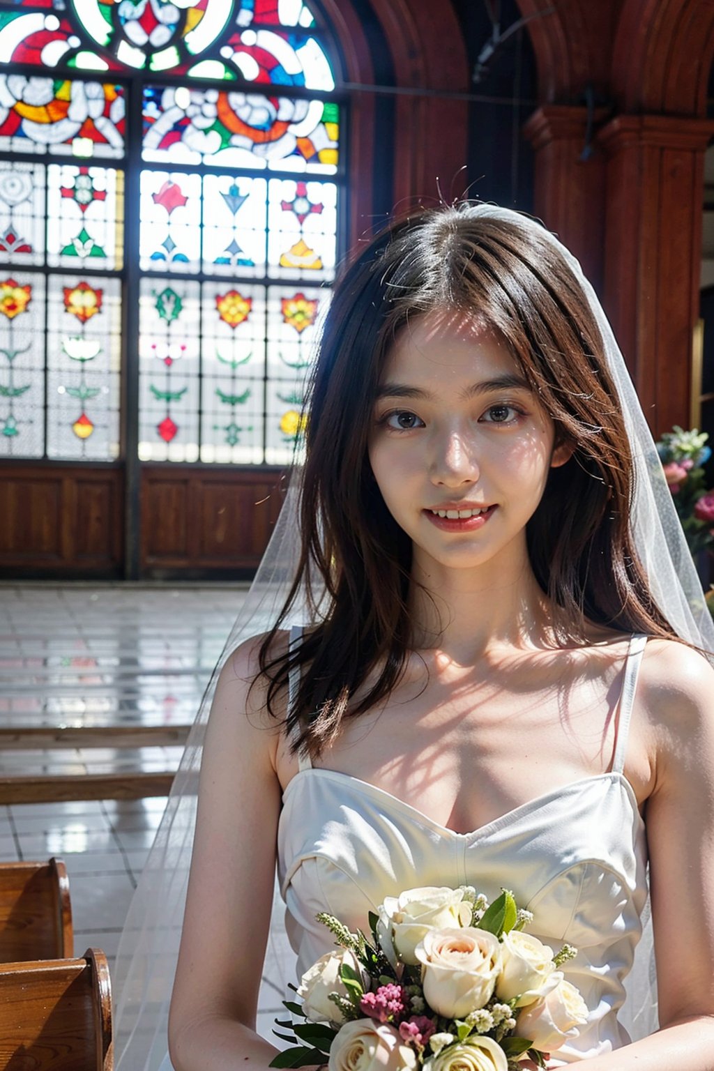 1girl, wedding scene, beautiful, black hair, long hair, (bride:1.2), white wedding dress, veil, holding bouquet, (smile:1.1), sparkling eyes, surrounded by guests, church interior, stained glass windows, flower decorations, candlelight, warm atmosphere, detailed background, depth of field, realistic, ambient light, (cinematic composition:1.3), high definition, best quality, masterpiece.