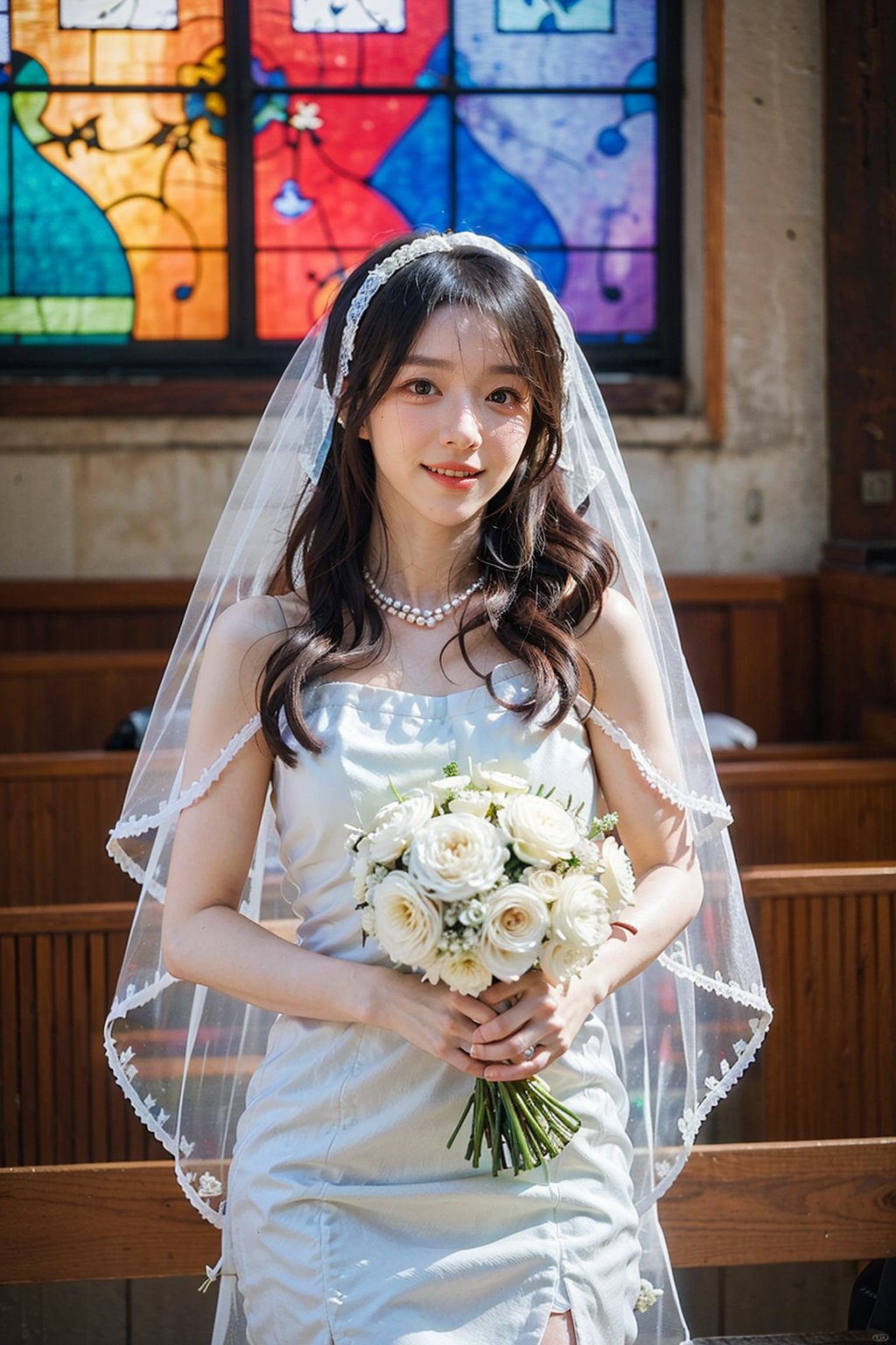 1girl, wedding scene, beautiful, black hair, long hair, (bride:1.2), white wedding dress, veil, holding bouquet, (smile:1.1), sparkling eyes, surrounded by guests, church interior, stained glass windows, flower decorations, candlelight, warm atmosphere, detailed background, depth of field, realistic, ambient light, (cinematic composition:1.3), high definition, best quality, masterpiece.