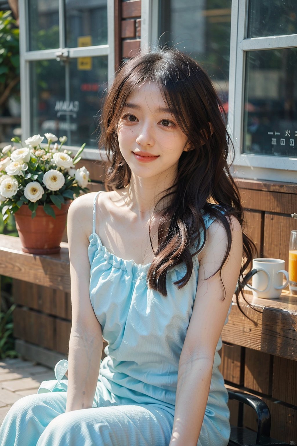 1girl, beautiful, black hair, long hair, smiling, coffee shop, sitting, (20yo:1.3), detailed eyes, light blush, white dress, (flowers in hair:1.1), looking at viewer, counter, espresso machine, cups, pastries, warm lighting, cosy atmosphere, beautifully detailed background, realistic, ambient light, (cinematic composition:1.3), HDR, Accent Lighting, wide-angle lens, best quality, masterpiece.