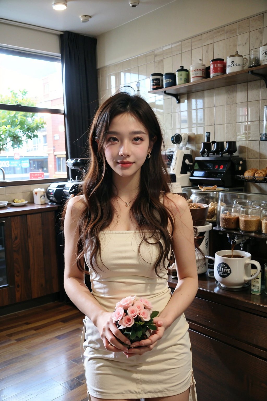 1girl, beautiful, black hair, long hair, smiling, coffee shop, sitting, (20yo:1.3), detailed eyes, light blush, white dress, (flowers in hair:1.1), looking at viewer, counter, espresso machine, cups, pastries, warm lighting, cosy atmosphere, beautifully detailed background, realistic, ambient light, (cinematic composition:1.3), HDR, Accent Lighting, wide-angle lens, best quality, masterpiece.