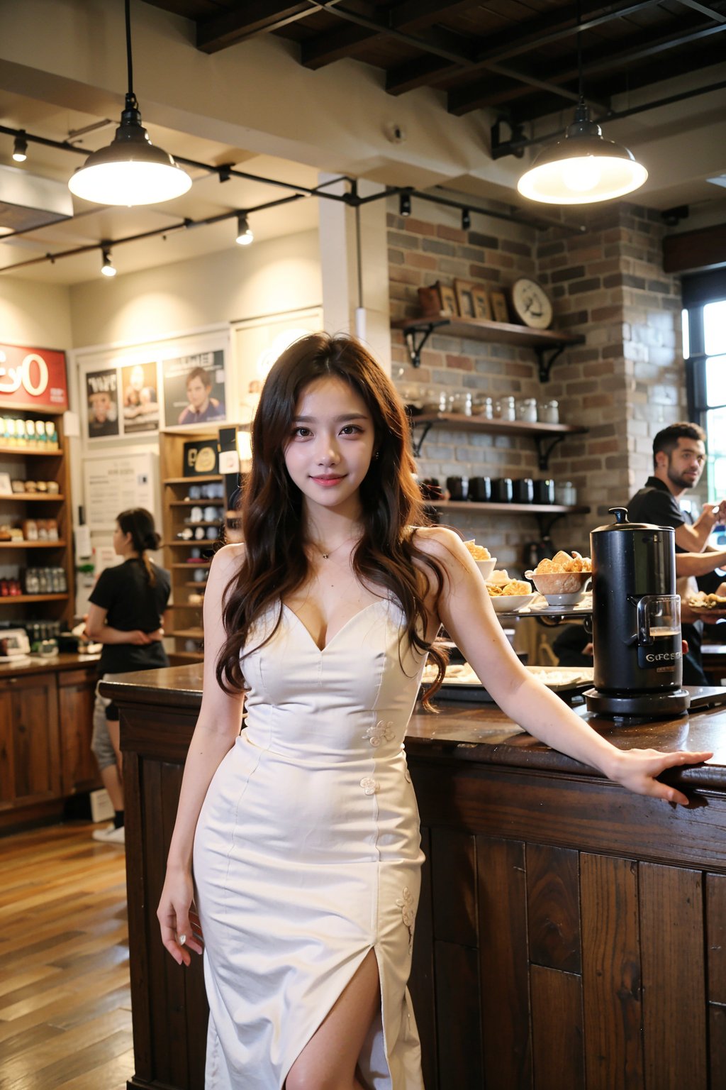 1girl, beautiful, black hair, long hair, smiling, coffee shop, sitting, (20yo:1.3), detailed eyes, light blush, white dress, (flowers in hair:1.1), looking at viewer, counter, espresso machine, cups, pastries, warm lighting, cosy atmosphere, beautifully detailed background, realistic, ambient light, (cinematic composition:1.3), HDR, Accent Lighting, wide-angle lens, best quality, masterpiece.