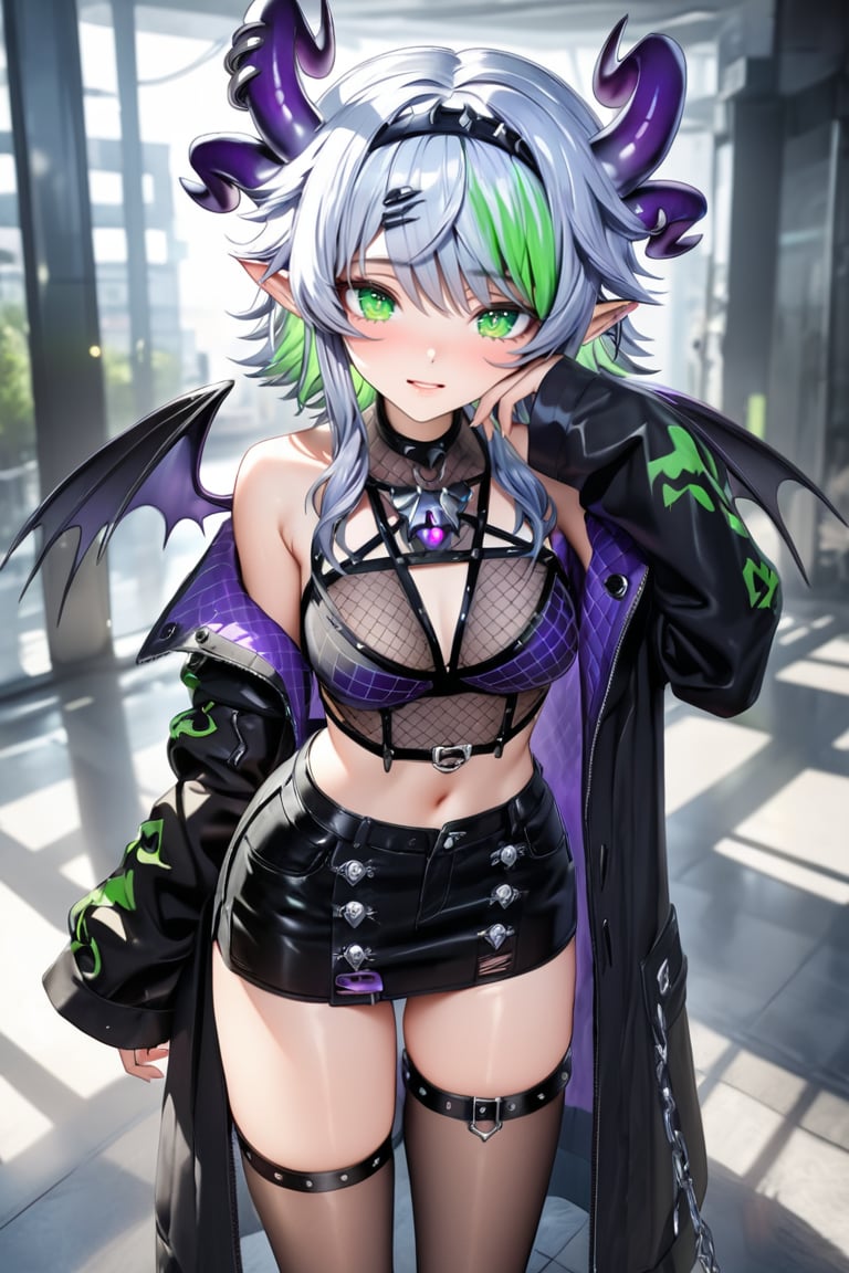 (Masterpiece), mature, HDR,UHD,8K, best quality, Highly detailed, physically-based rendering, extreme detail description, perfect skin, shiny skin, shiny hair,perfect face, hand in face, 1girl, fr3, multicolored_hair, green hair, blue hair, white hair, twin_tails, short hair, streaked hair, gradient hair, thighhighs, hair ornaments, black skirt, crop top, collarbone, jacket, coat, hairband, open clothes, thighhighs,Apricot the lich, thigh strap, open coat, sleeves past wrists, jewelery, pointy ears, horns, wings