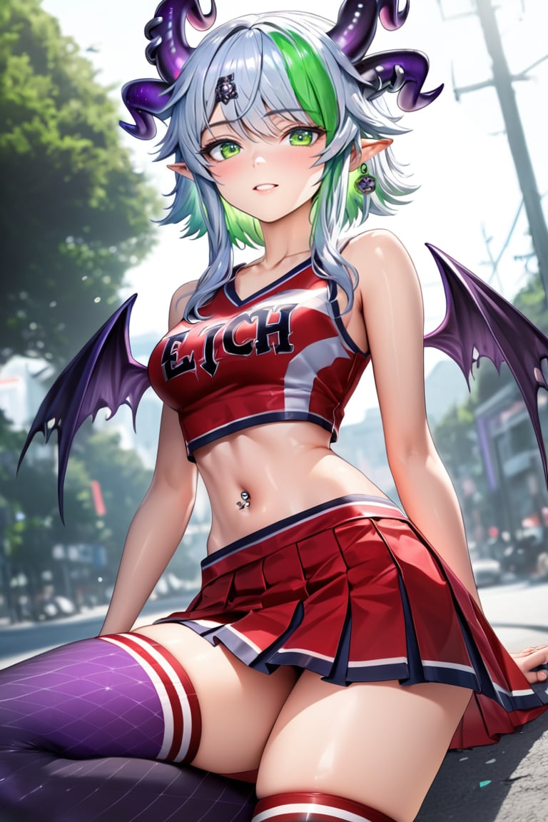 (Masterpiece), mature, HDR,UHD,8K, best quality, Highly detailed, physically-based rendering, extreme detail description, perfect skin, shiny skin, shiny hair,perfect face, 1girl, crop top, multicolored_hair, green hair, blue hair, white hair, streaked hair, gradient hair, navel piercing, pointy ears, horns, wings, hair ornaments, Froot, skirt, cheerleader, midriff, short hair, red top, red skirt, fr5, thighhighs,Apricot the lich