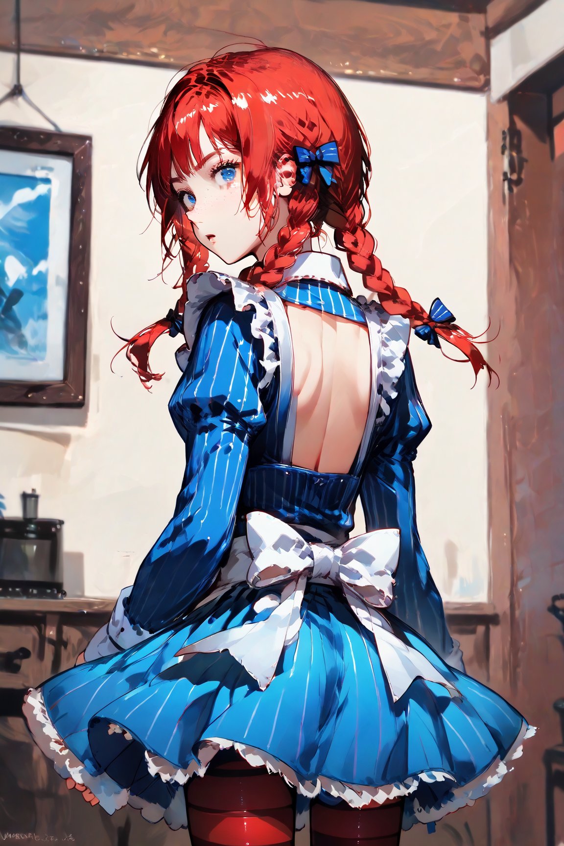 score_9,score_8_up,score_7_up BREAK ,wendysSDXL,1girl,blue eyes,long sleeves,dress,bow,twintails,braid,short sleeves,hair bow,striped pantyhose,red hair,striped,puffy sleeves,apron,twin braids,vertical stripes,freckles,striped dress,blue dress,cowboy shot,room,room background,from behind,looking back,