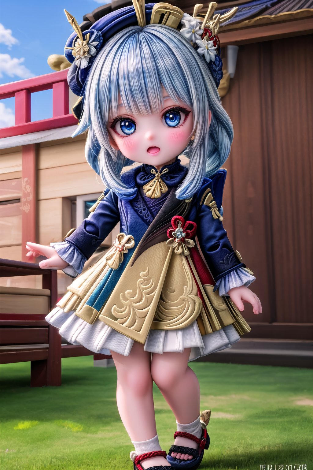 1girl, solo_female, Cutest baby (full body view of Furina_Genshin), furina \(genshin impact\),cheeky and sweet, blue eyes, white hair, light blue hair, multicolored hair, blue hair, blue headwear, outdoor, HDR, 32k UHD, insane detailed, blurry_background, pretty face, baby body, Furina Style, beautiful baby,  ,Cutest baby ,Baby portrait,