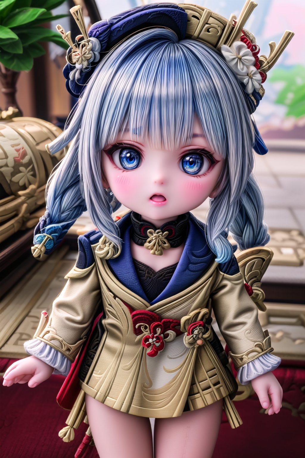 1girl, solo_female, Cutest baby (full body view of Furina_Genshin), furina \(genshin impact\),cheeky and sweet, blue eyes, white hair, light blue hair, multicolored hair, blue hair, blue headwear, outdoor, HDR, 32k UHD, insane detailed, blurry_background, pretty face, baby body, Furina Style, beautiful baby,  ,Cutest baby ,Baby portrait,