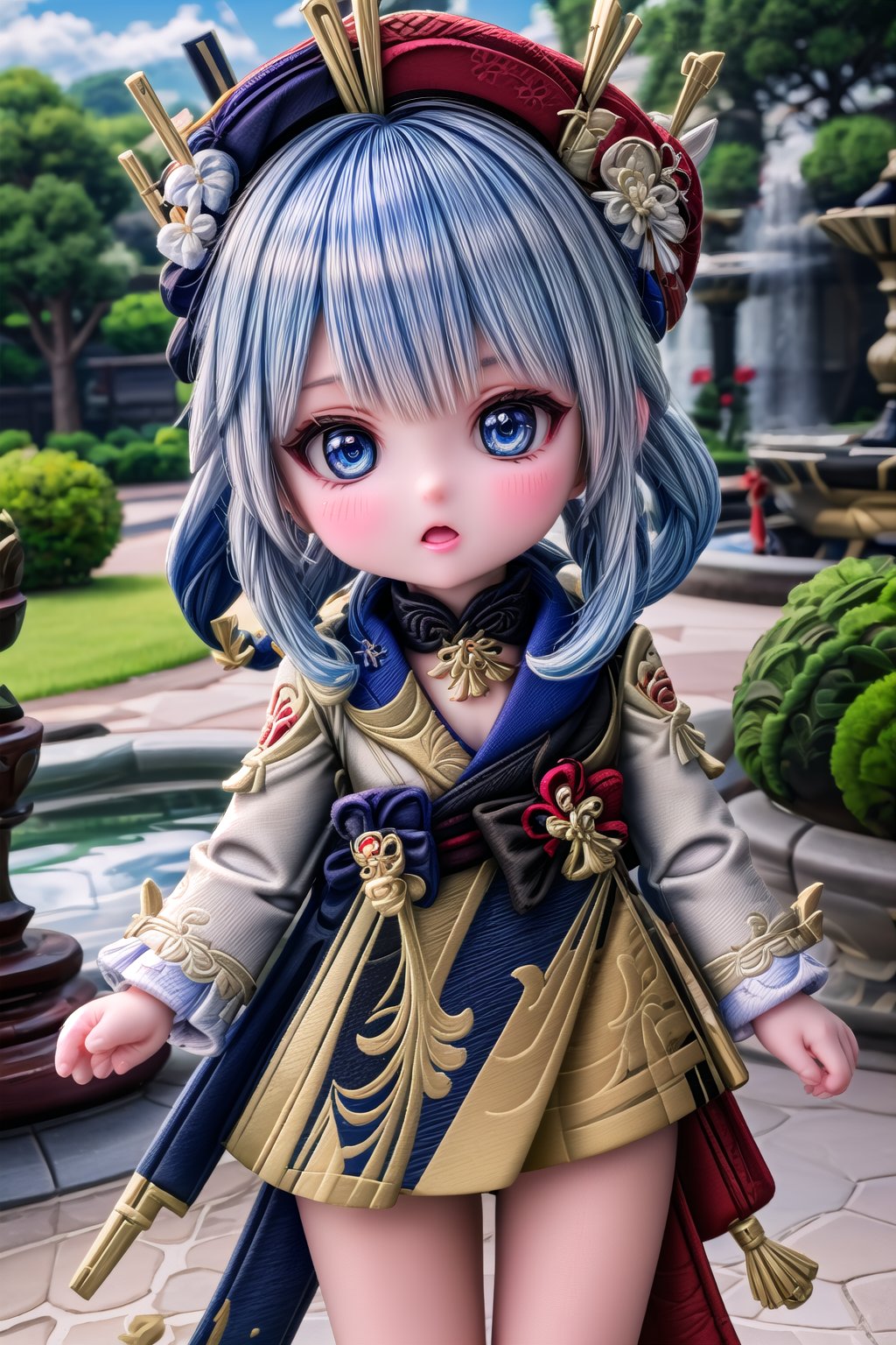 1girl, solo_female, Cutest baby (full body view of Furina_Genshin), furina \(genshin impact\),cheeky and sweet, blue eyes, white hair, light blue hair, multicolored hair, blue hair, blue headwear, outdoor, HDR, 32k UHD, insane detailed, blurry_background, pretty face, baby body, Furina Style, beautiful baby,  ,Cutest baby ,Baby portrait, stands in Fontaine \(genshin impact\),